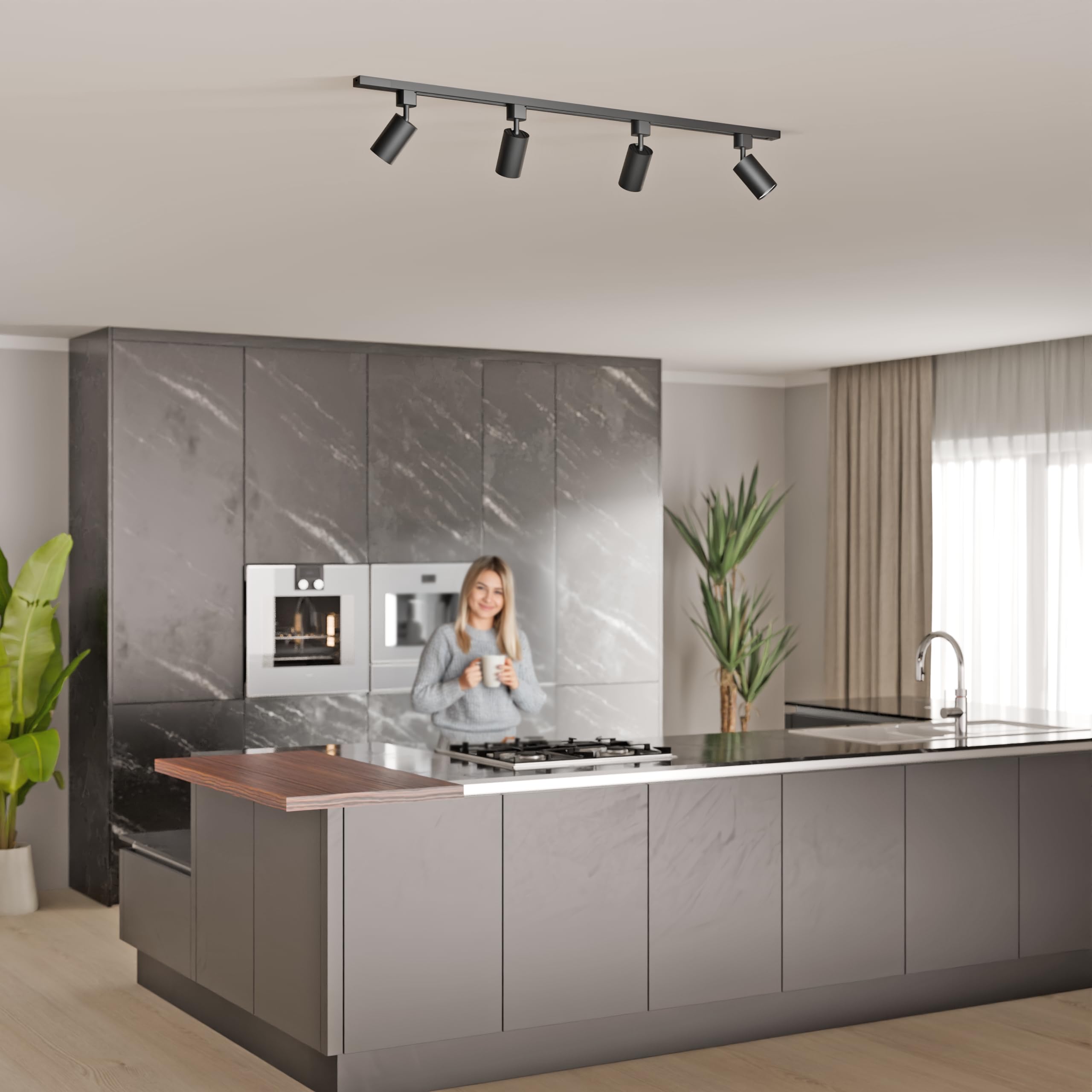 Modernes Schienensystem, Komplettset | 1 m | Deckenstrahler | Deckenleuchte | Strahler mit 4 GU10-Leuchtmitteln | Strahler | Deckenstrahler | Deckenleuchte | Lampe (1x1M / 4xGU10)