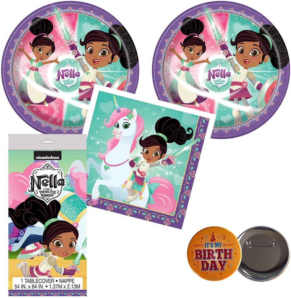 RazzleDazzleCelebrations Nella The Princess Knight Birthday Party Supplies for 16 Guests - Large Plates, Napkins, tablecover