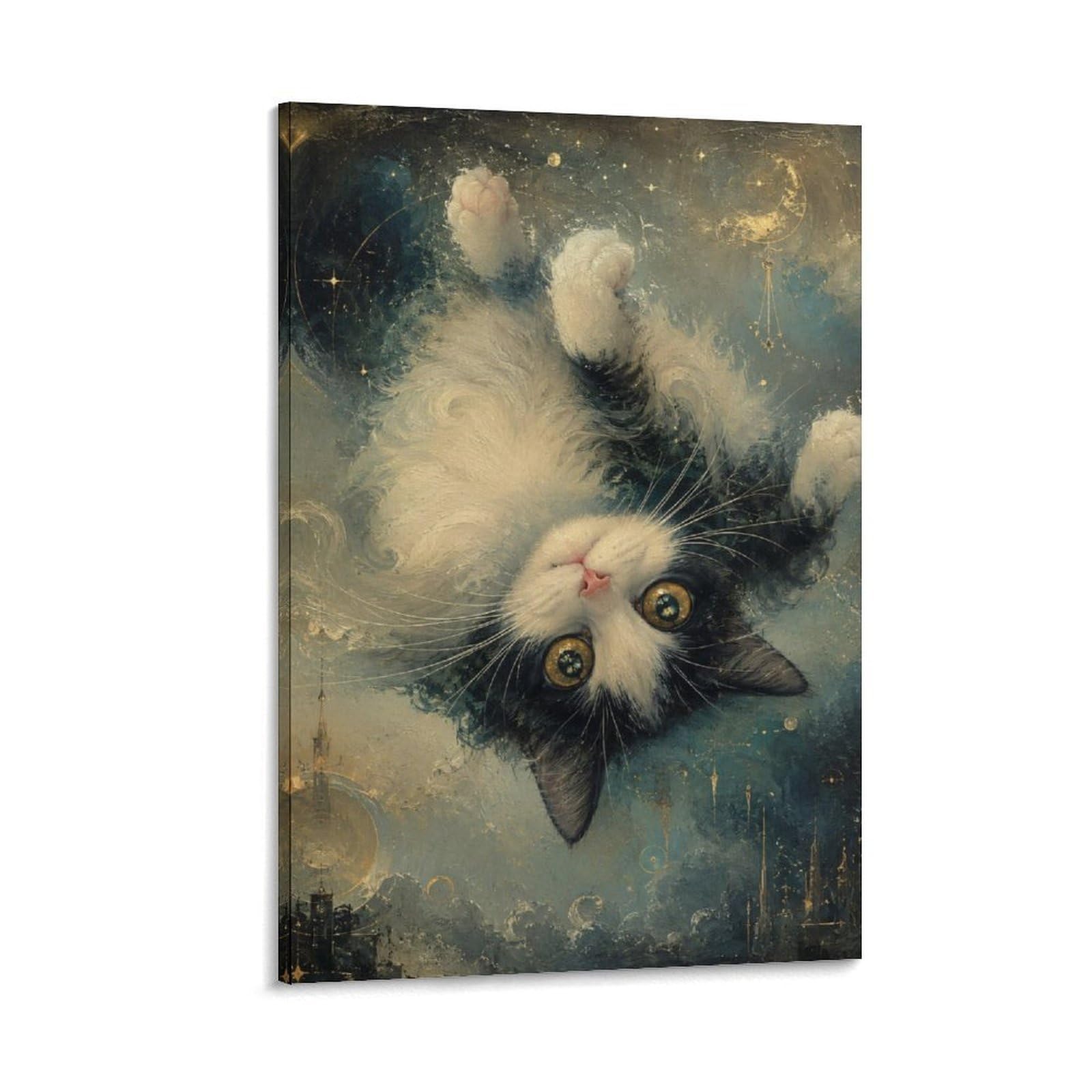 W7C8U2X3 Upside Down Cat Moonlit Canvas Wall Art, Whimsical Cat Wall Art