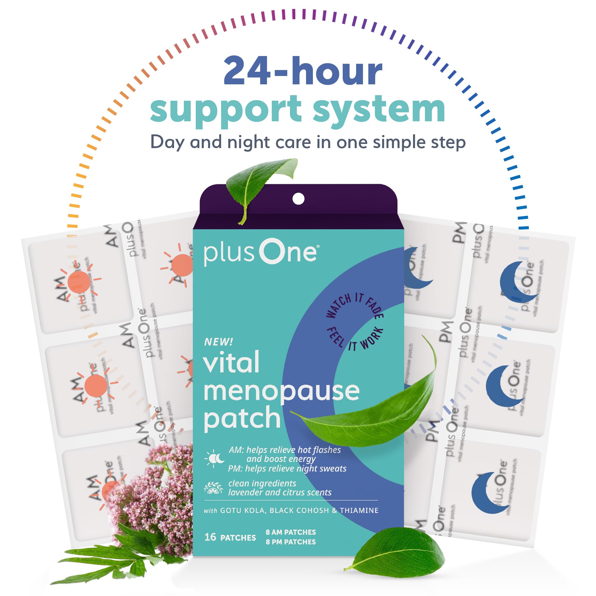 plusOne Vital Menopause Patches AM & PM – Hot Flash & Night Sweat Support – Promotes Energy & Sleep – Herbal Arjuna Daily Patches – 16ct