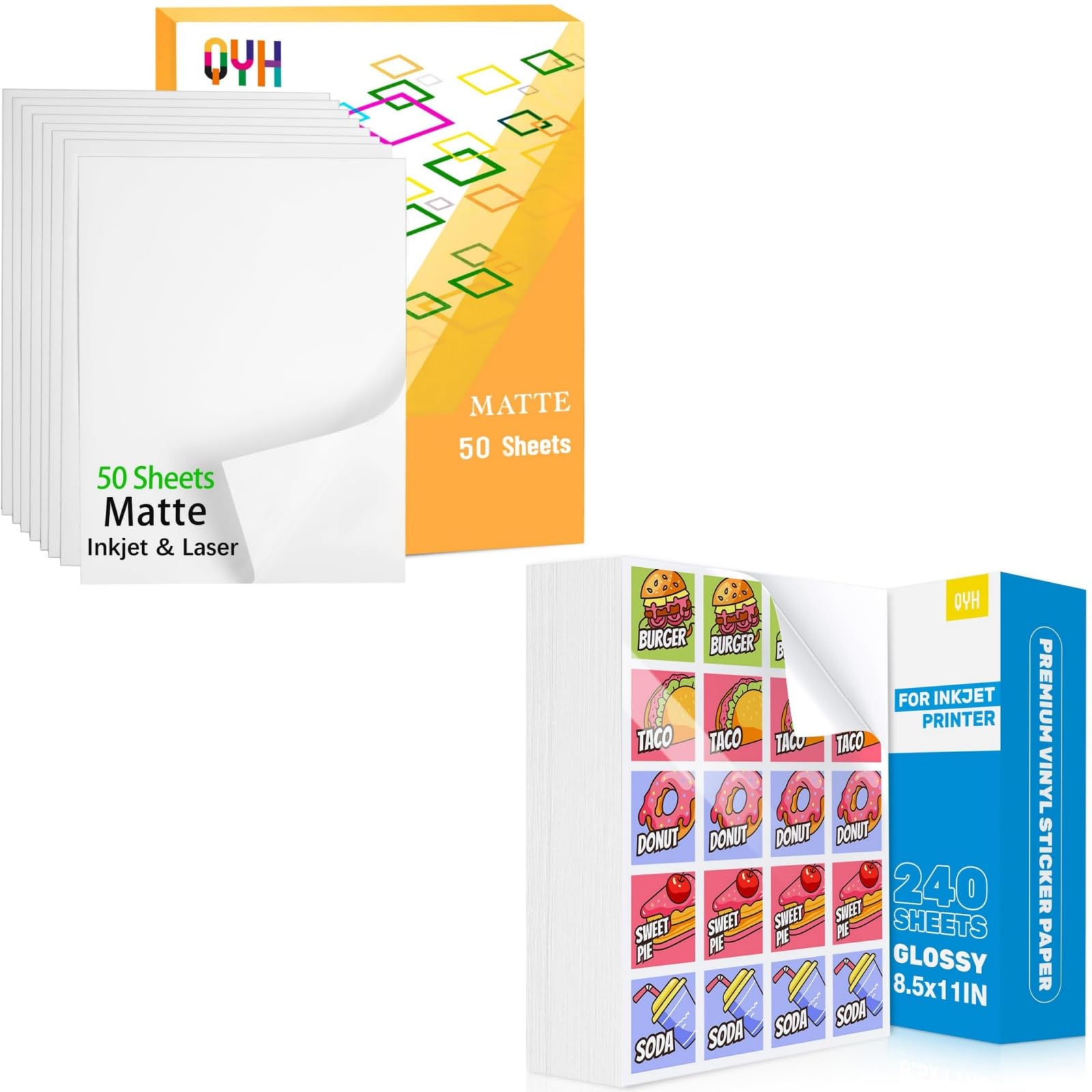 QYH Printable Sticker Paper for Inkjet/Laser Printer - 240 Sheets Glossy & 50 Sheets Matte White Waterproof Vinyl, Compatible with Cricut Ideal for Small Business & Product Packaging - 8.5"x11"