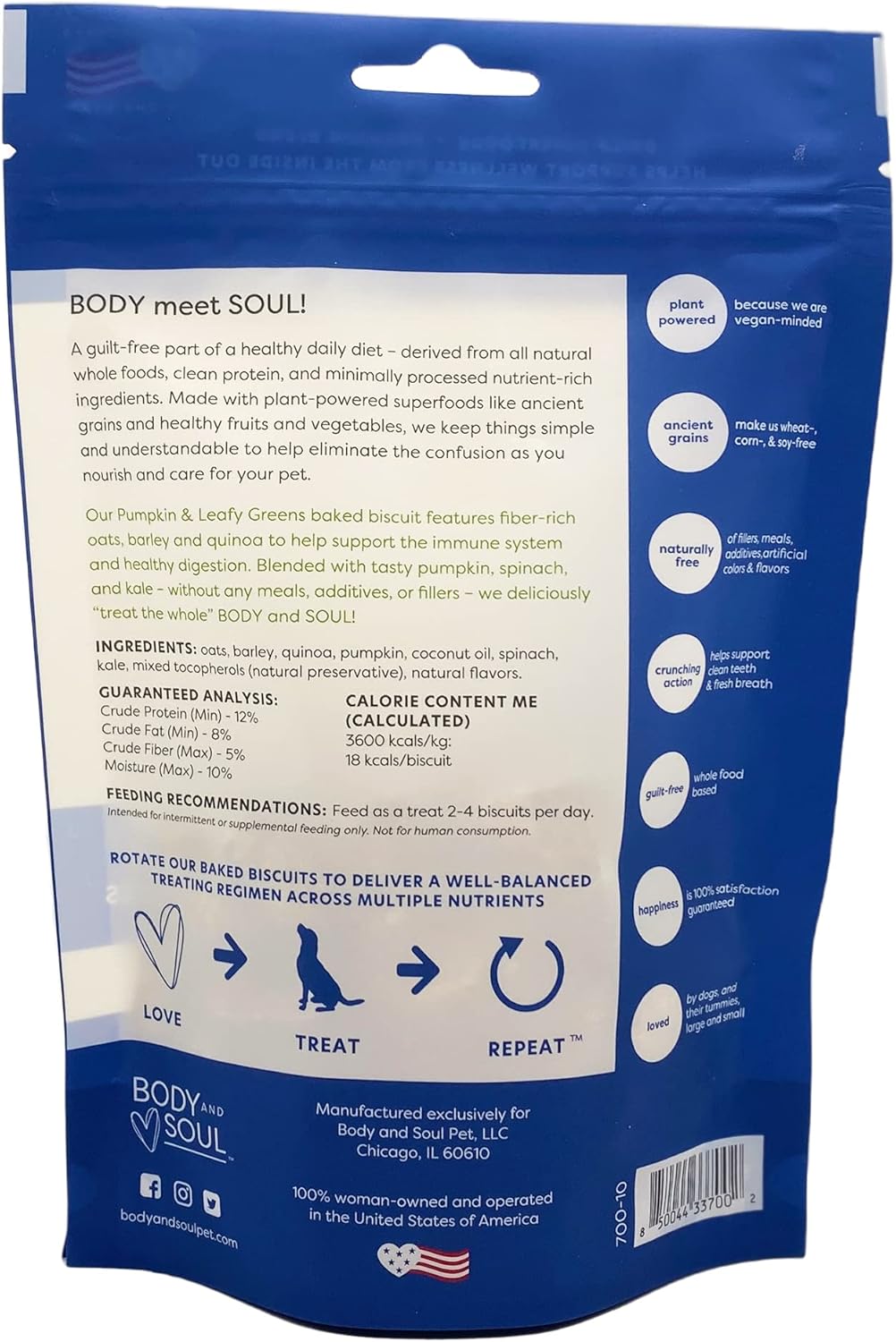 Body and Soul Pumpkin + Leafy Greens Crunchy Premium Training Dog Treat Superfood Oven Baked Biscuits Oats Barley & Quinoa - Clean Natural Plant Protein, No Additives No Fillers Made in USA 2Pk (20oz)