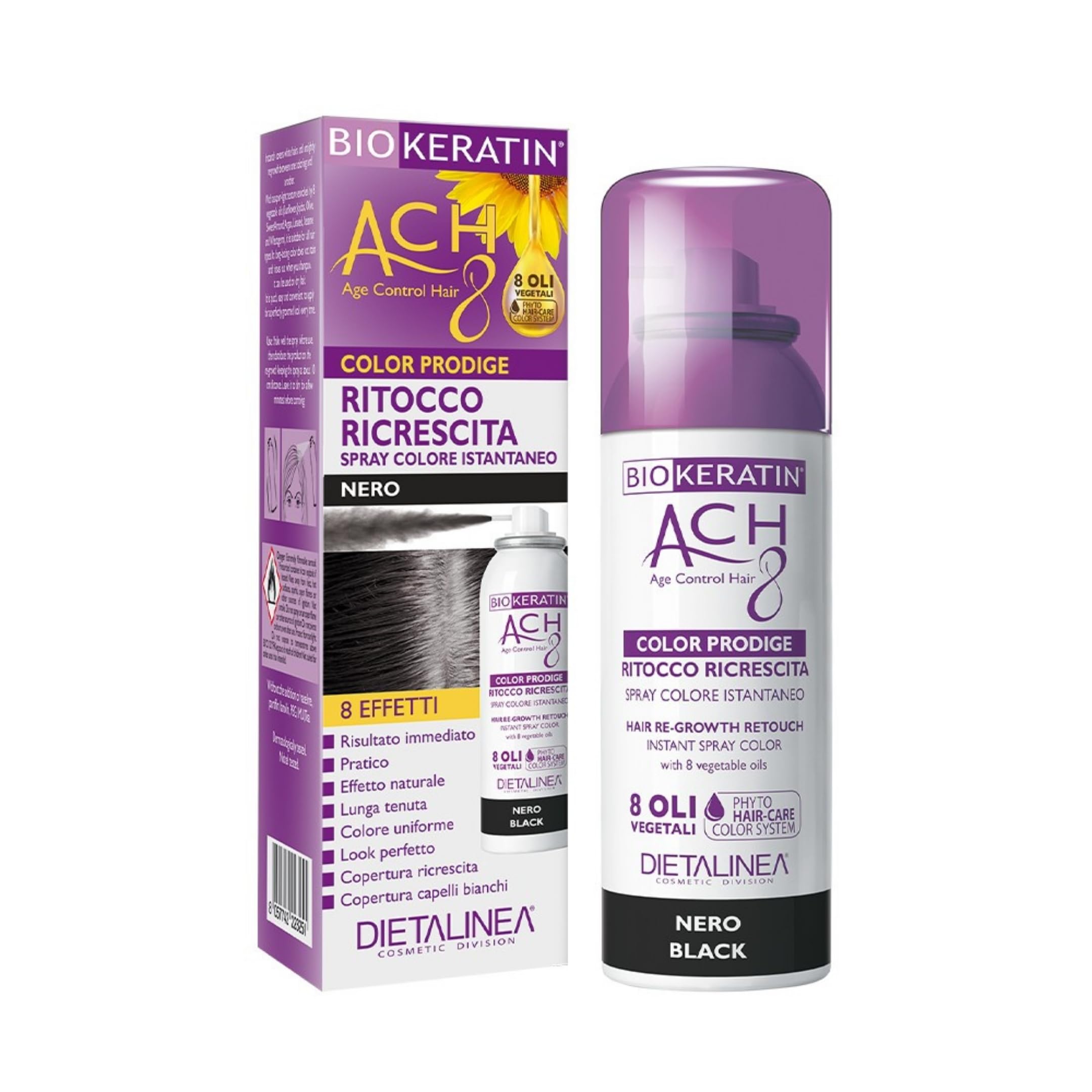 Dietalinea® Biokeratin Ritocco Ricrescita Capelli | Spray Colore per Capelli NERO | Copertura Temporanea dei Capelli Bianchi | Non Macchia | 75ml