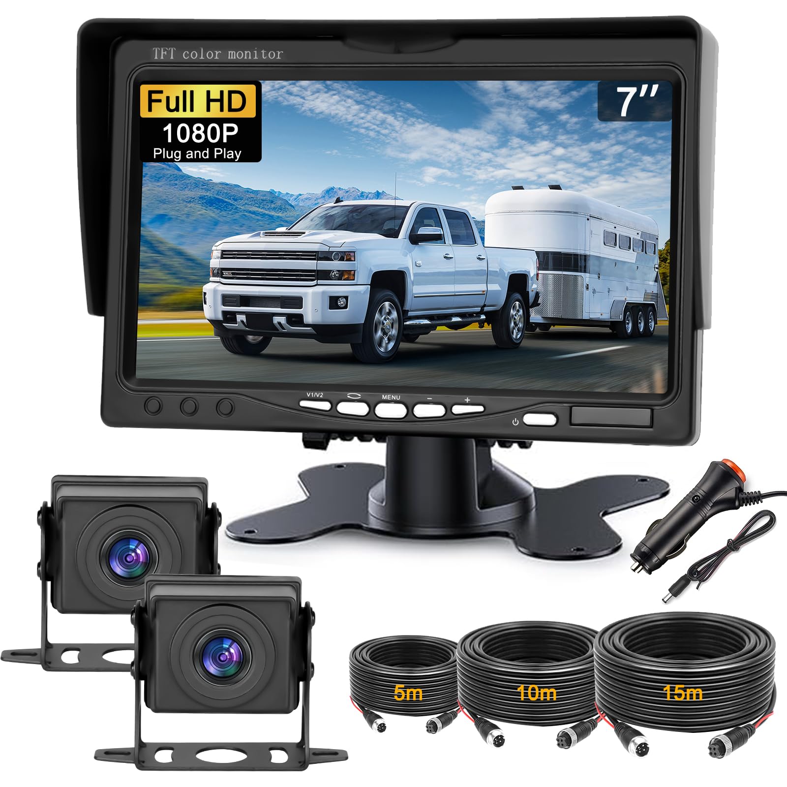 Juego de cámara de visión Trasera Dual con Monitor HD de 7 Pulgadas, visión Nocturna Impermeable IP69, con Cable de 5m/10m/15m para Camión/Remolque/Bús/Van/RV.