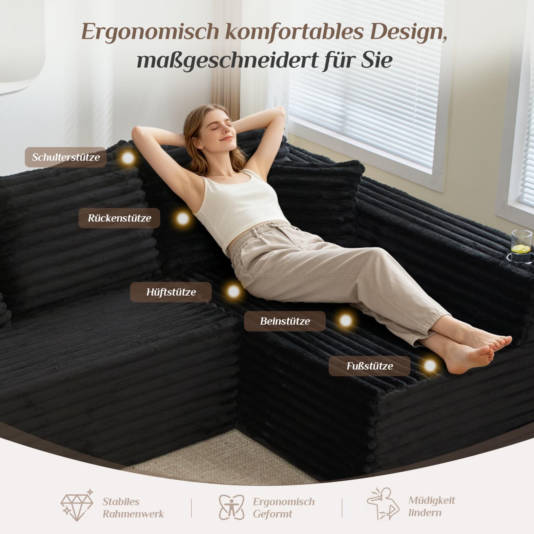 YEHTOKHOME Sofá moderno de pana en forma de U con portavasos y bolsillos laterales, sofá modular con 4 cojines de respaldo y 2 cojines decorativos, para salón (Negro)
