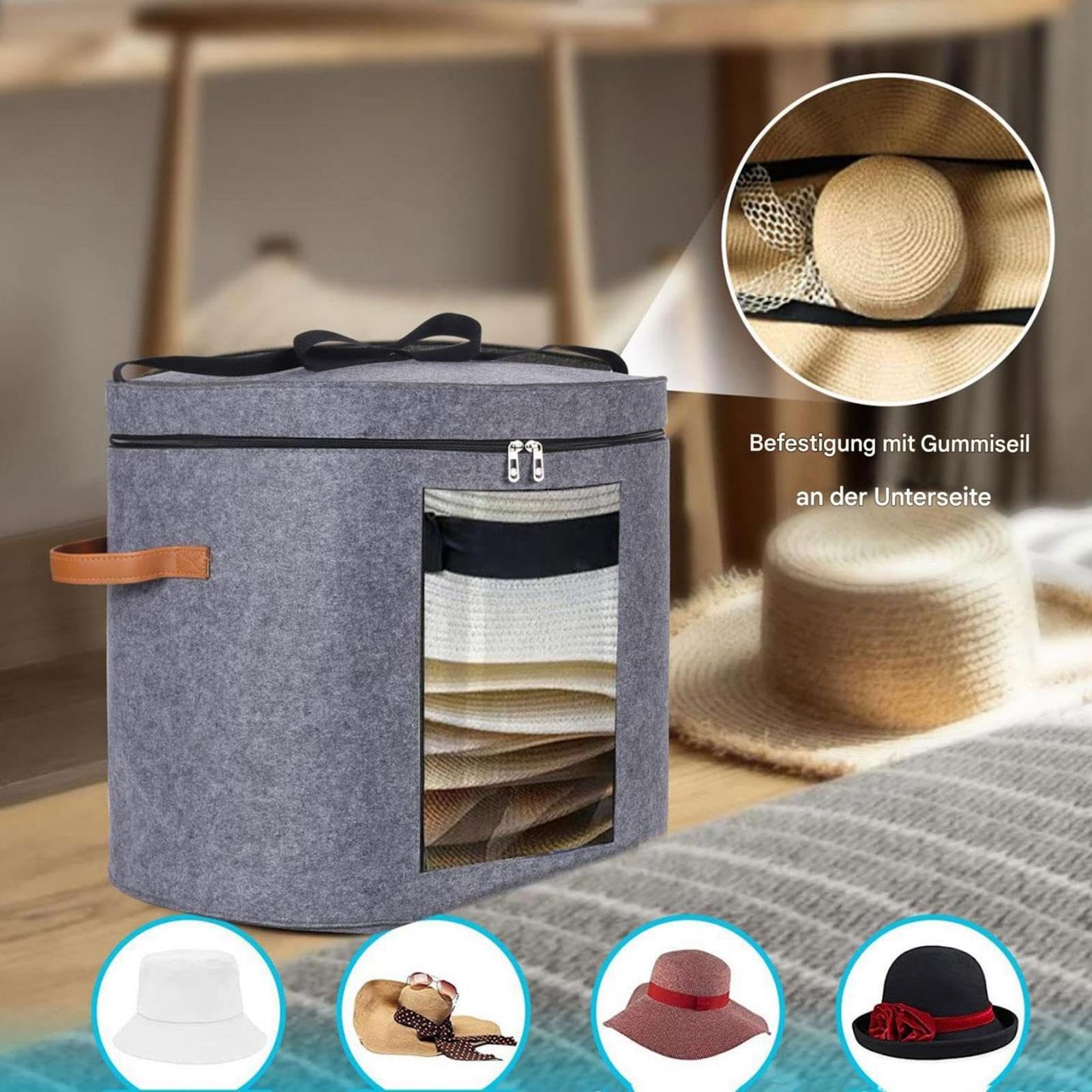 Scatola Portacappelli Da Viaggio Memfish – Rotonda E Pieghevole Con Finestra – Per Cappelli A Tesa Larga