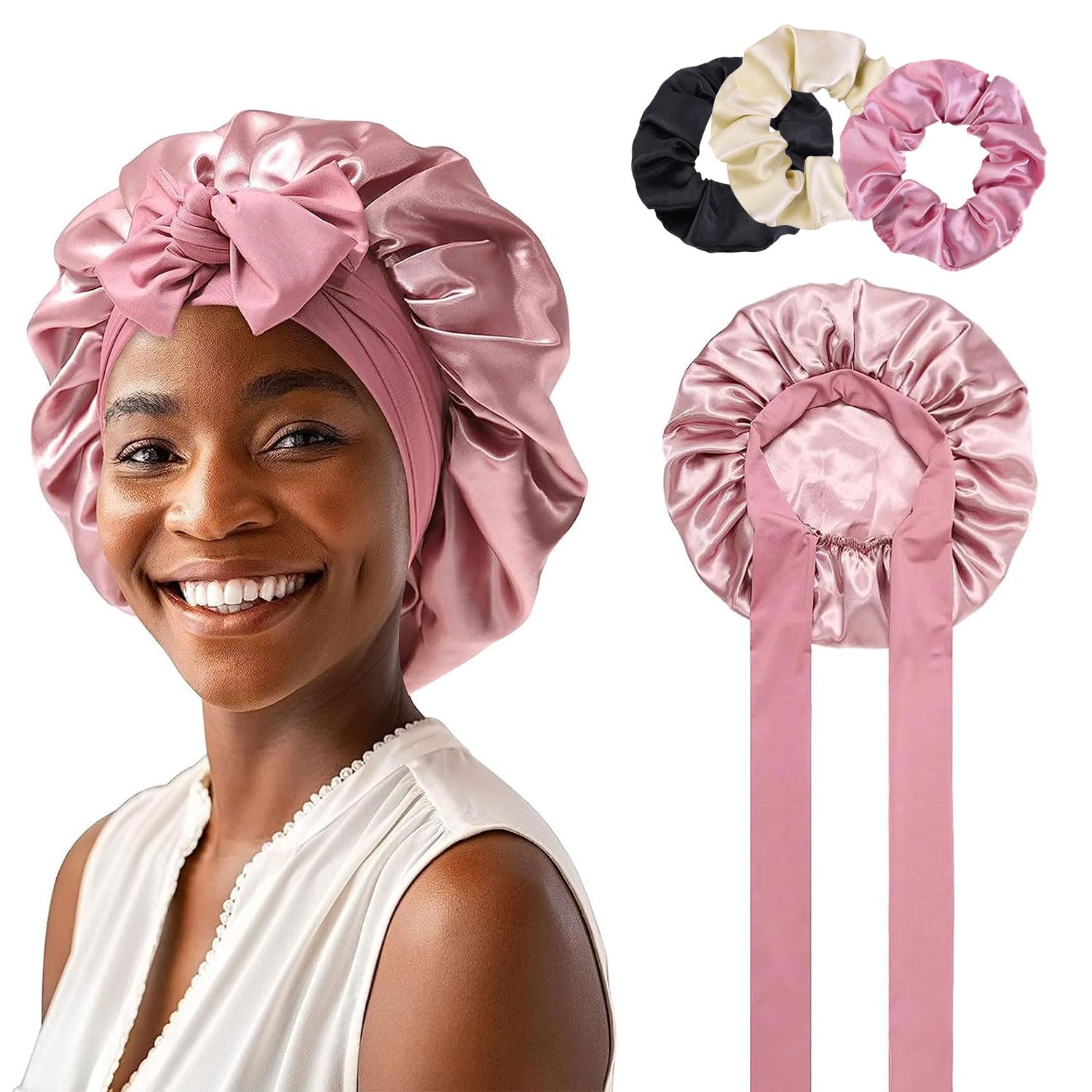 GUGUGO Seidenhaube zum Schlafen, Silk Bonnet mit 3 Haargummis, Verstellbare Seidenhaube, Schlafhaube Seide, Schlafmütze Damen, Satin Haube Schlafen, Silk Sleeping Cap, Seidenhaube zum Schlafen Locken