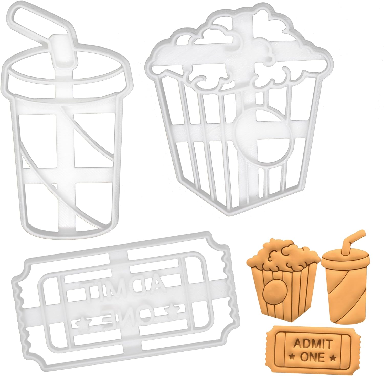 Set of 3 Cinema themed cookie cuters (Designs: Popcorn, Admit One Ticket, and Soft Drink), 3 pieces - Bakerlogy