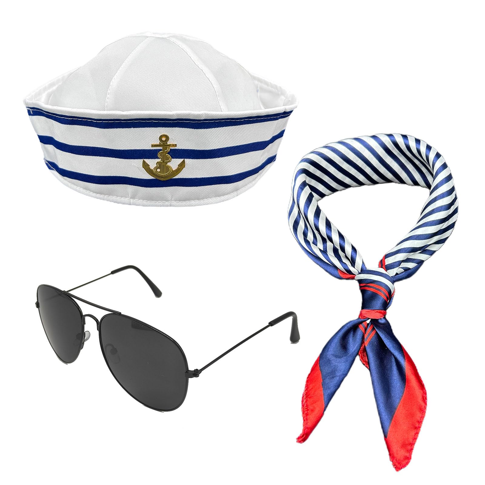 MIVAIUN Stripes Sailor Hat Set,Sailor Ship Cap and Scarf Sunglasses Set,Ideal Sailor Costume Accessories,for Costume Party Accessory,Fancy Dress for Sea Yacht Parties and Cosplay