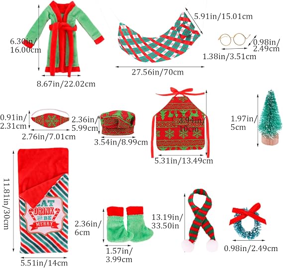 24 Days Elf Kit, Christmas Elf Kit Cute Mini Accessories with Sleeping Bag Bathrobe Hat Glasses Eyepatch Shawl Hammock Doll Accessories for Doll Decorations Style 2