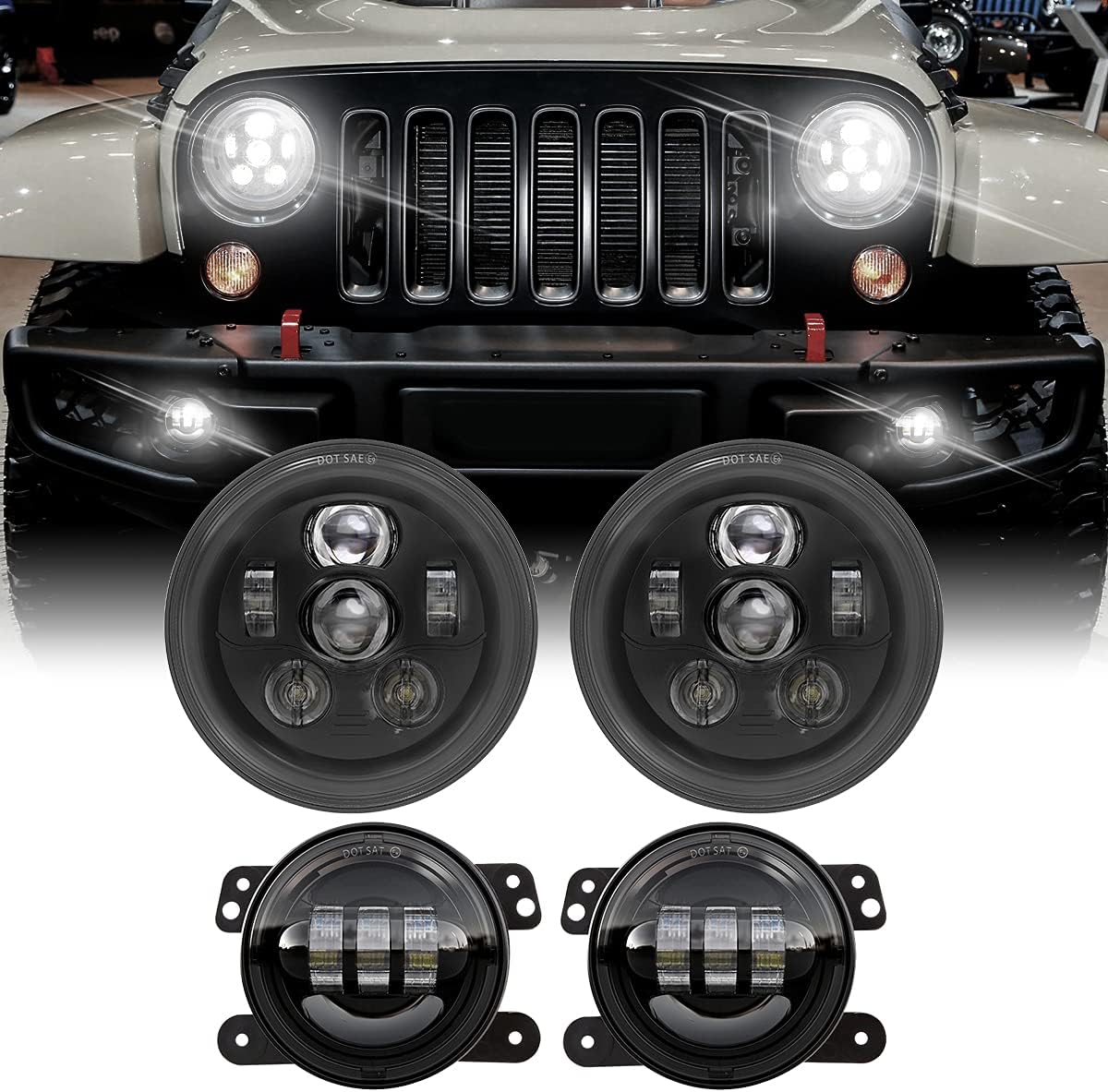 DOT Approved 7 Inch Round LED Headlights with High Low Beam Compatible with Jeep Wrangler JK JKU TJ LJ CJ 4 Door 2 Door Hummer H1 H2 H6024 Headlamp Replacement 6 Bulbs (Smoke)