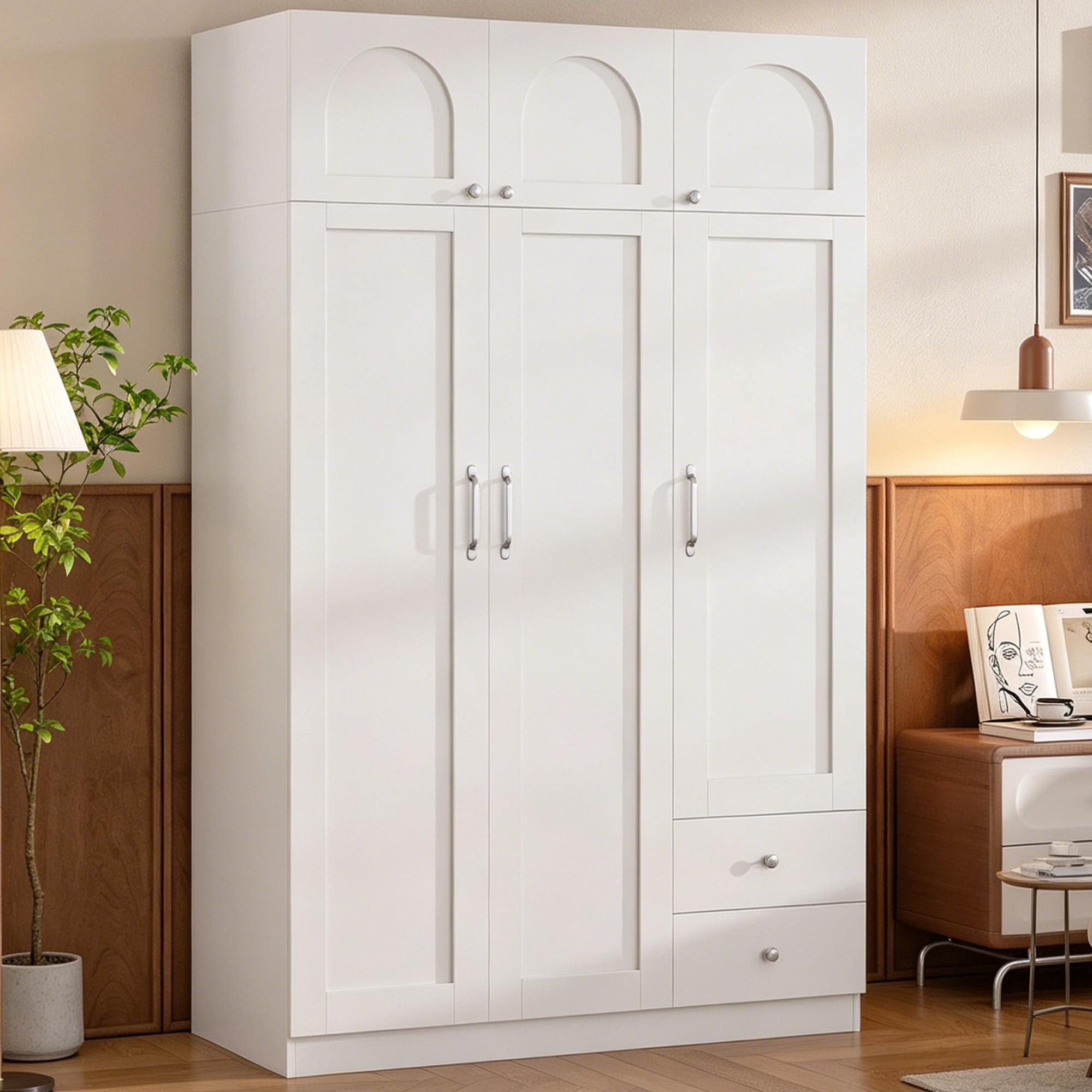 Hzuaneri Kleiderschrank mit 6 Türen 2 Schubladen, Kleiderschrank mit Kleiderstange und Ablagefach, Drehtürenschrank für das Schlafzimmer, für Gästezimmer, Weiß, BW12003E