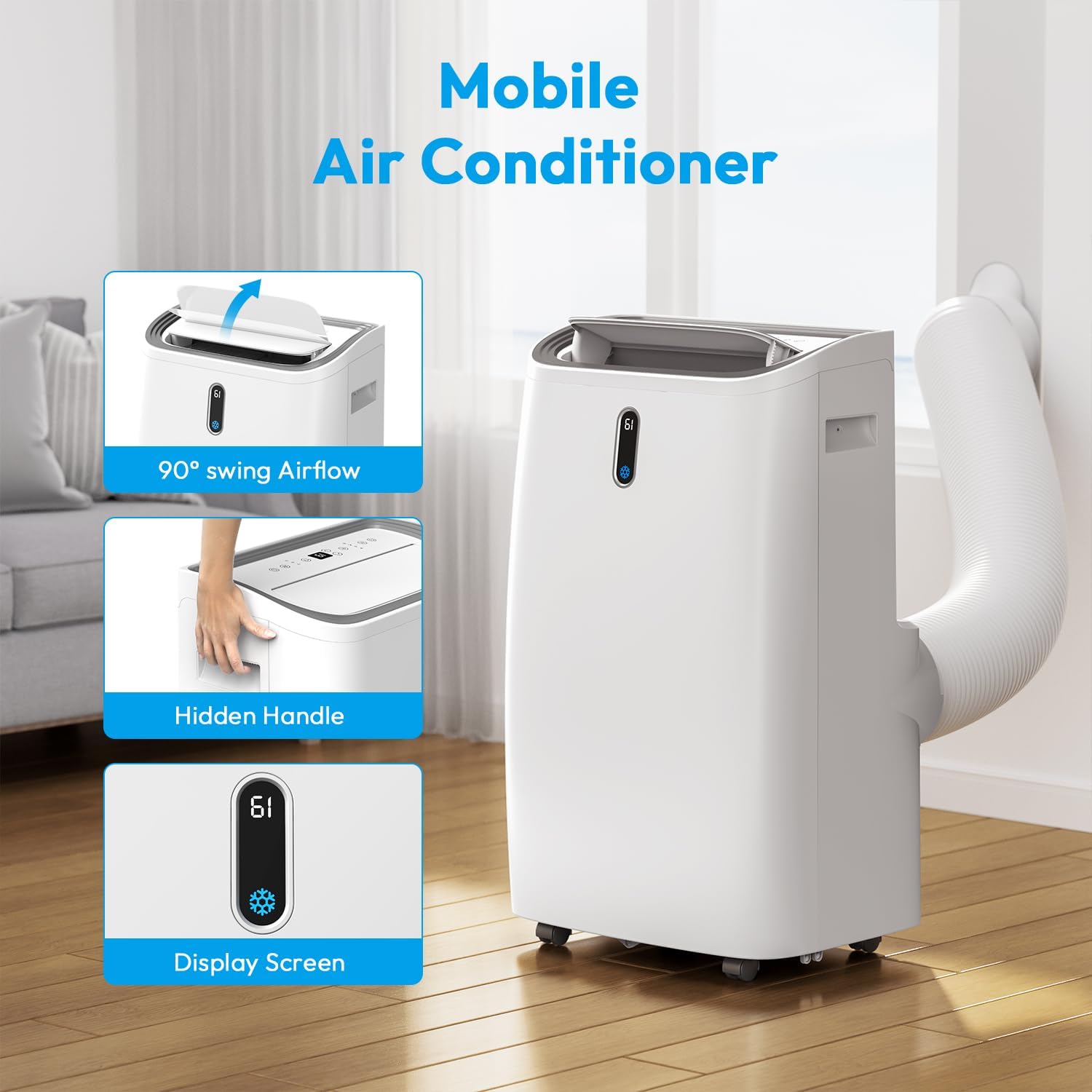 Mobile air conditioner features including 90-degree swing airflow, hidden handle, and display screen