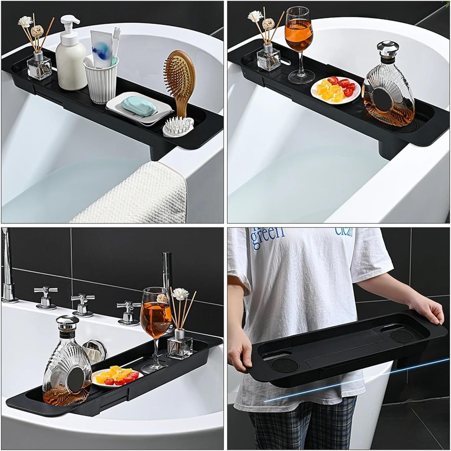 Collapsible Bathtub Rack Tray Accessories Shelf Black Plastic Retractable Bathroom