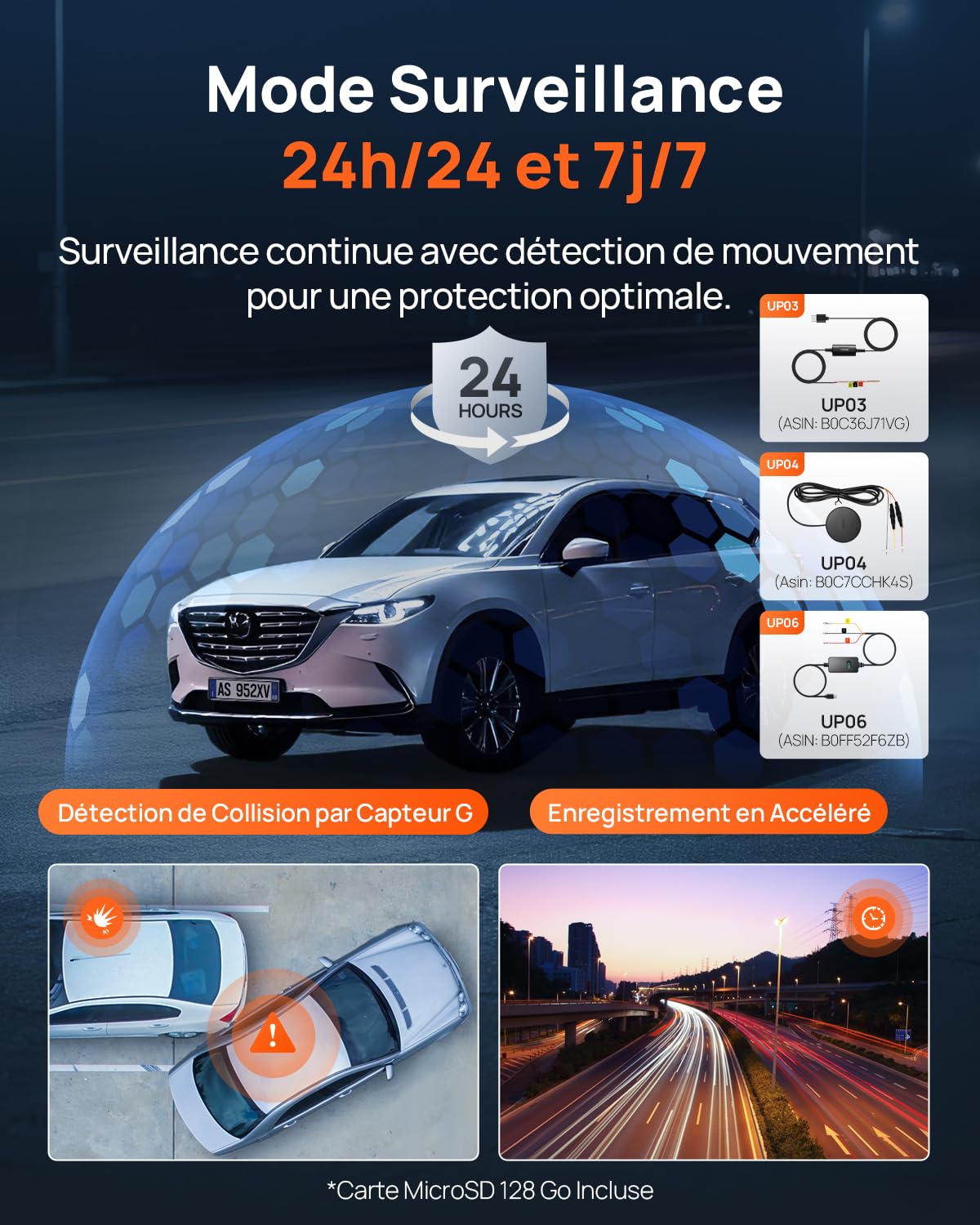 70mai Dashcam Voiture A810S, 4K+1080P Dashcam Voiture Avant Arrière Double STARVIS 2, HDR Vision Nocturne, 4G LTE, ADAS, GPS Intégré, WiFi & App Contrôle，Mode Stationnement avec Carte MicroSD 128 Go