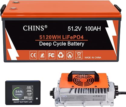 CHINS 48V Lithium Golf Cart Battery, 48 Volt 100Ah LiFePO4 Battery, Built-in Bluetooth 200A BMS, Includes 48V 10A Lithium Battery Charger, Perfect for Golf Carts, Trolling Motors, Marine