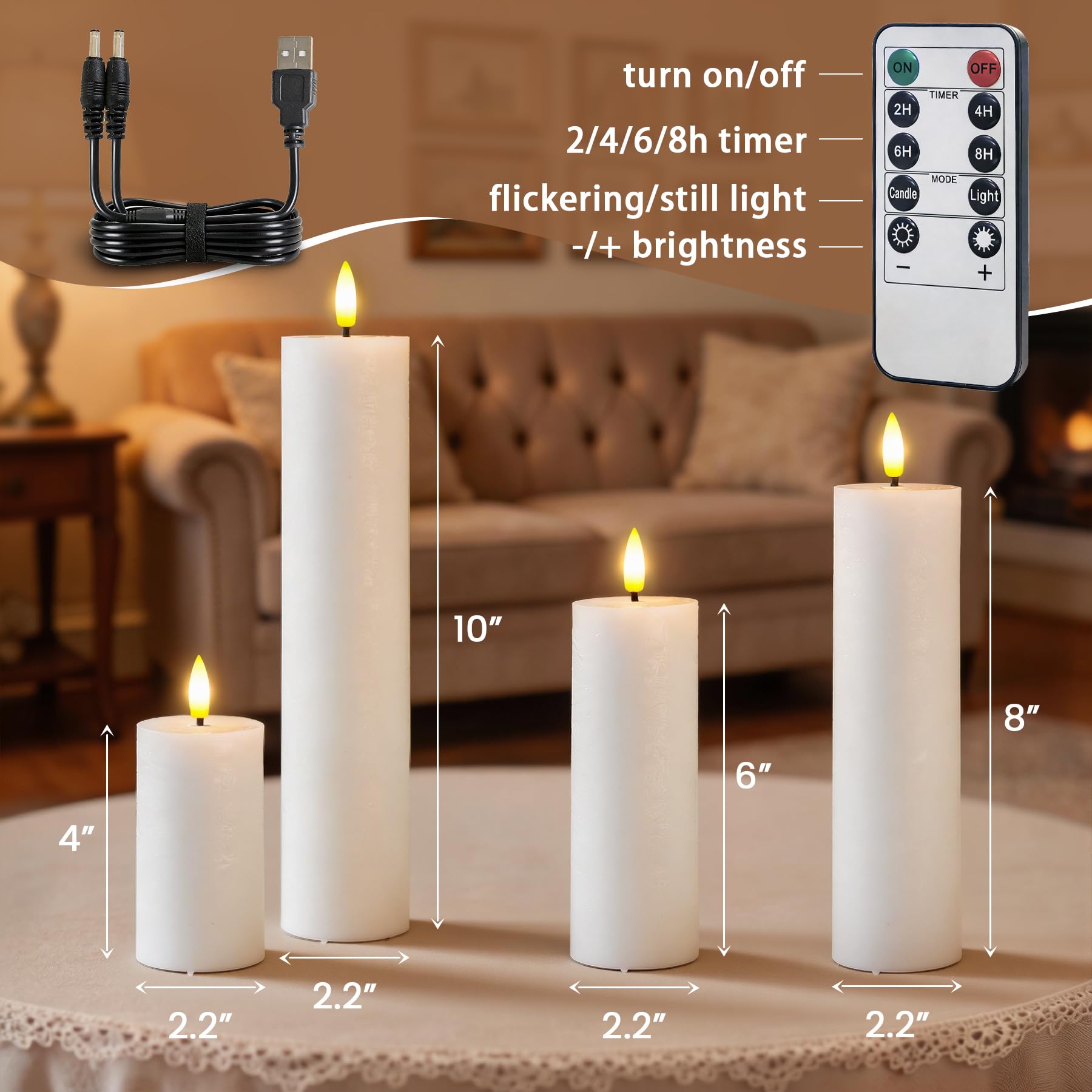 Candele a LED bianche senza fiamma ricaricabili con telecomando e Temporizzazione, confezione da 4 candele di cera tremolanti a batteria (cavo di ricarica USB, 5,5cm x10 15 20 25cm)
