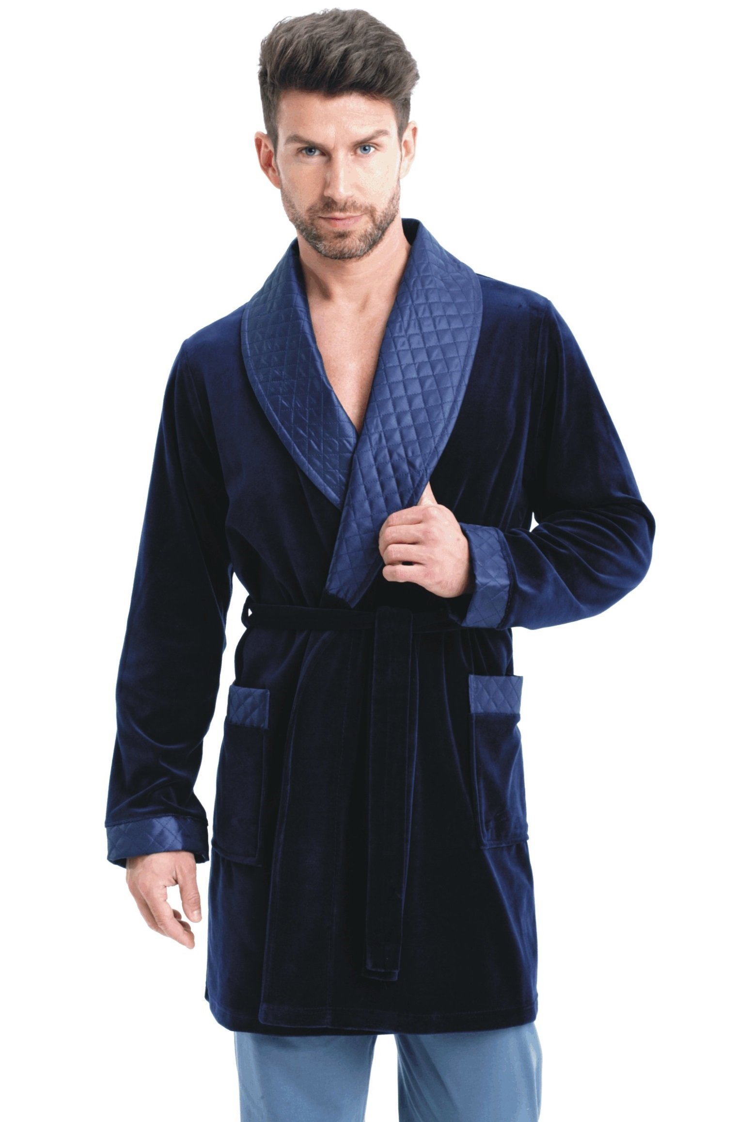 LEVERIE Elegante bata corta de algodón para hombre, con cinturón y bolsillos, fabricada en la UE