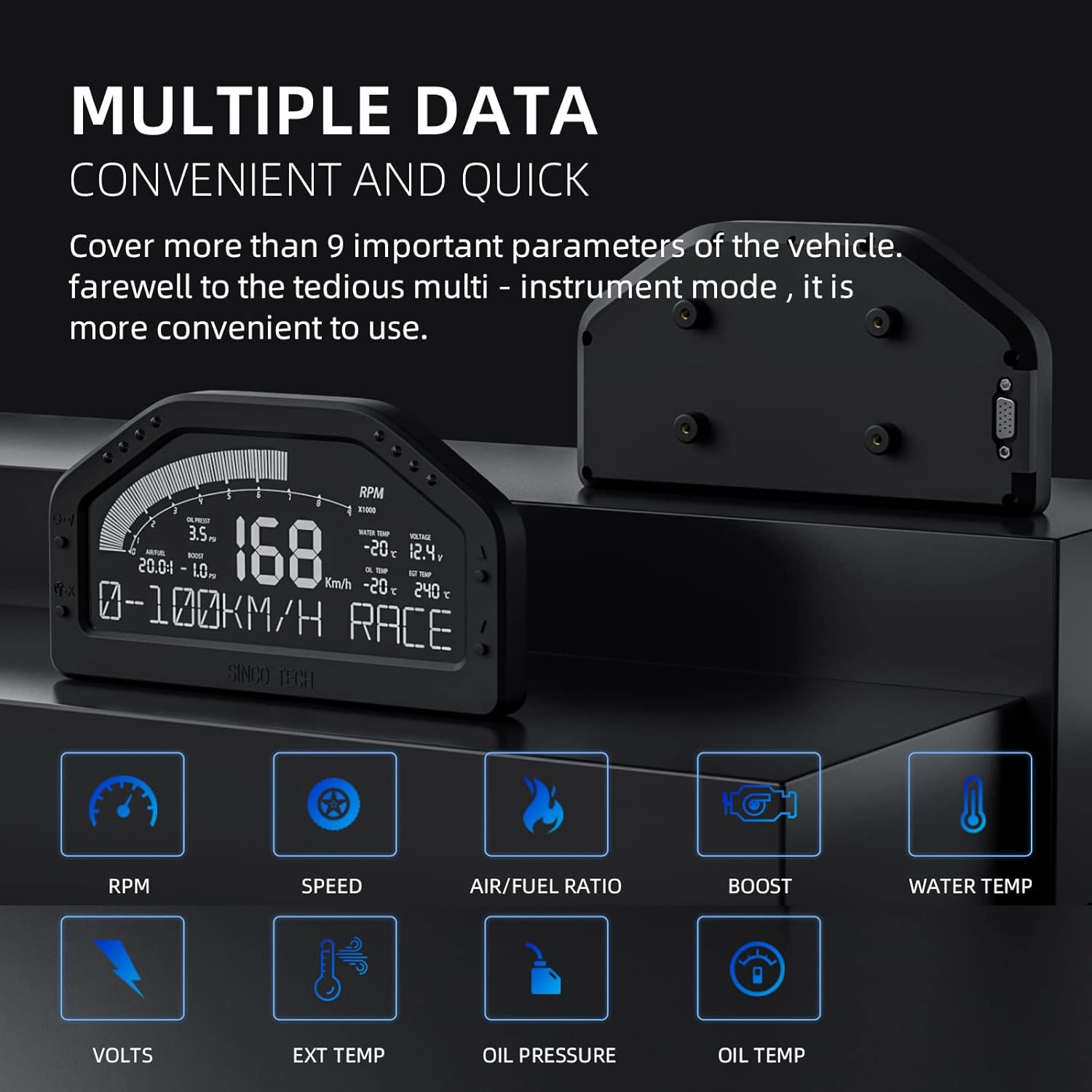 DO926NB Multifunctional 7-Color Dashboard Racing Gauge Display with Sensor KIT Meter LCD Screen