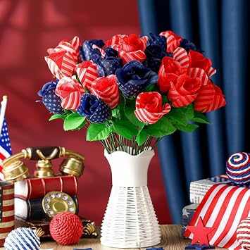 Duraaamo 33 Pcs Artificial Red White and Blue Roses Patriotic Flowers 4th of July Decoration 250th Anniversary Independence Day Decor Silk Stripes Stars Rose Cemetery Flower for Grave Memorial Day