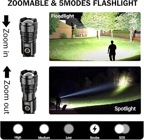 Miniatura 2 de Linternas recargables de alto lúmenes, luz LED súper brillante de luz de luz larga, linternas con zoom con pantalla digital LCD, 5 modos,