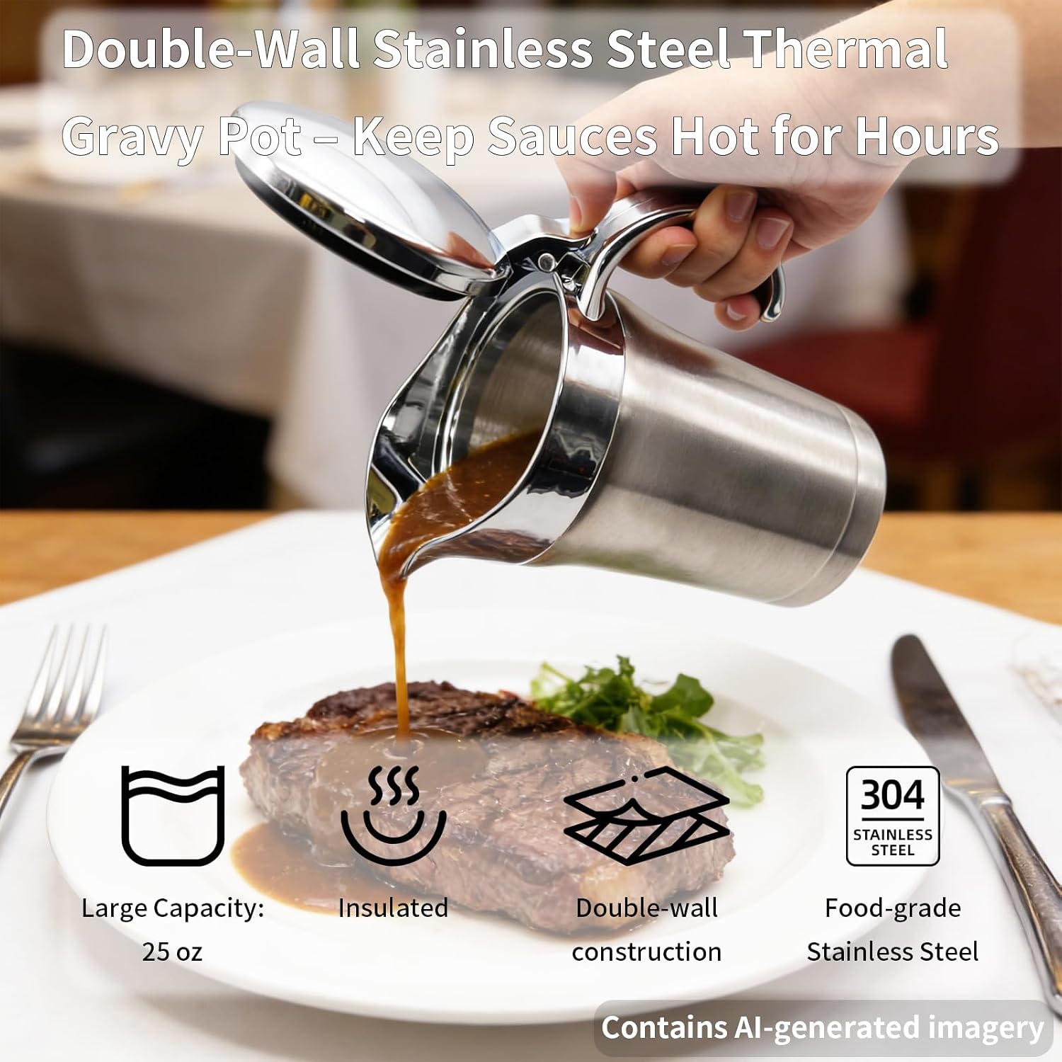 25 Oz Stainless Steel Thermal Gravy Boat with Lid, Double Insulated Gravy Sauce Jug for Party, Family Dinner, Thanksgiving, Halloween, Christmas, Premium Kitchen Gadgets