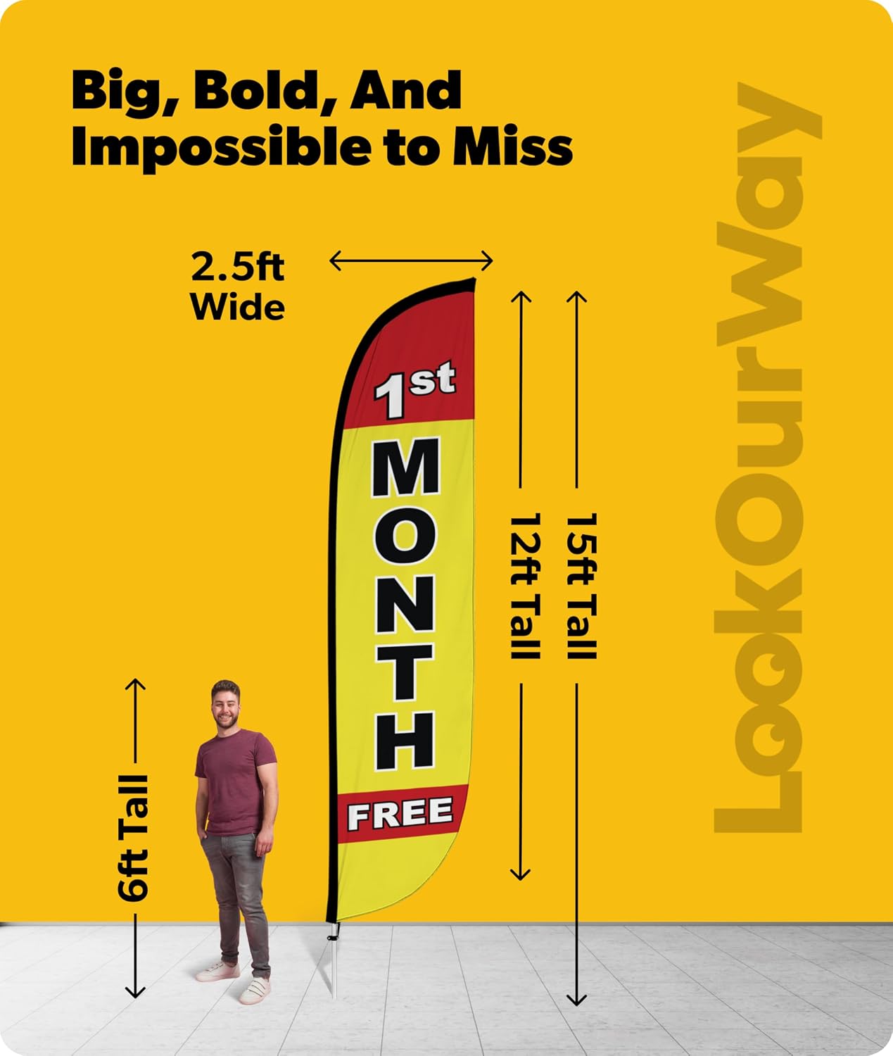 LookOurWay Feather Flag Pole Kit - 12 Feet Tall Advertising Flag Banner with Fiberglass Pole Kit and Ground Spike for Business Promotion - Real Estate Flags - 1st Month Free