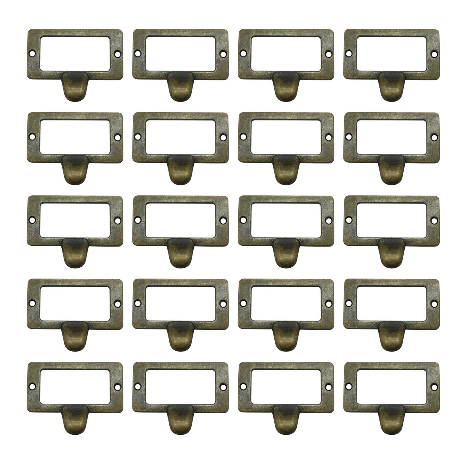 WEICHUAN 20-Pack Zinc Alloy Antique Bronze Label Frame Drawer Pulls -Vintage Industrial Style Apothecary Card Catalog Holder Pull Handles for Drawers and Cabinets, 1.7" X 2.2"