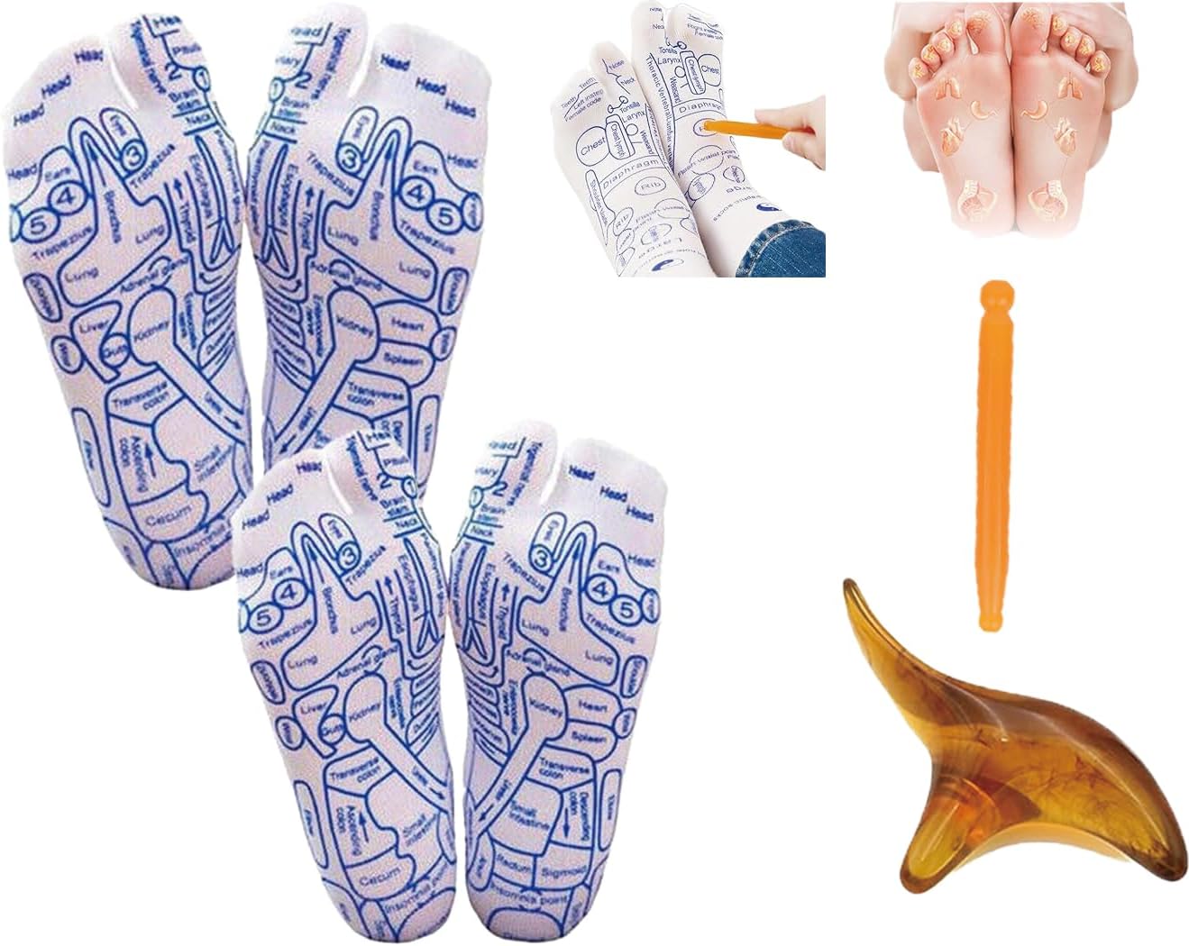 2 Pairs Reflexology Socks with Massage Tools Set, Foot Relief and Acupressure Reflexology Socks with Trigger Point Massage Tool,Pressure Point Socks for Women & Men, Large, White