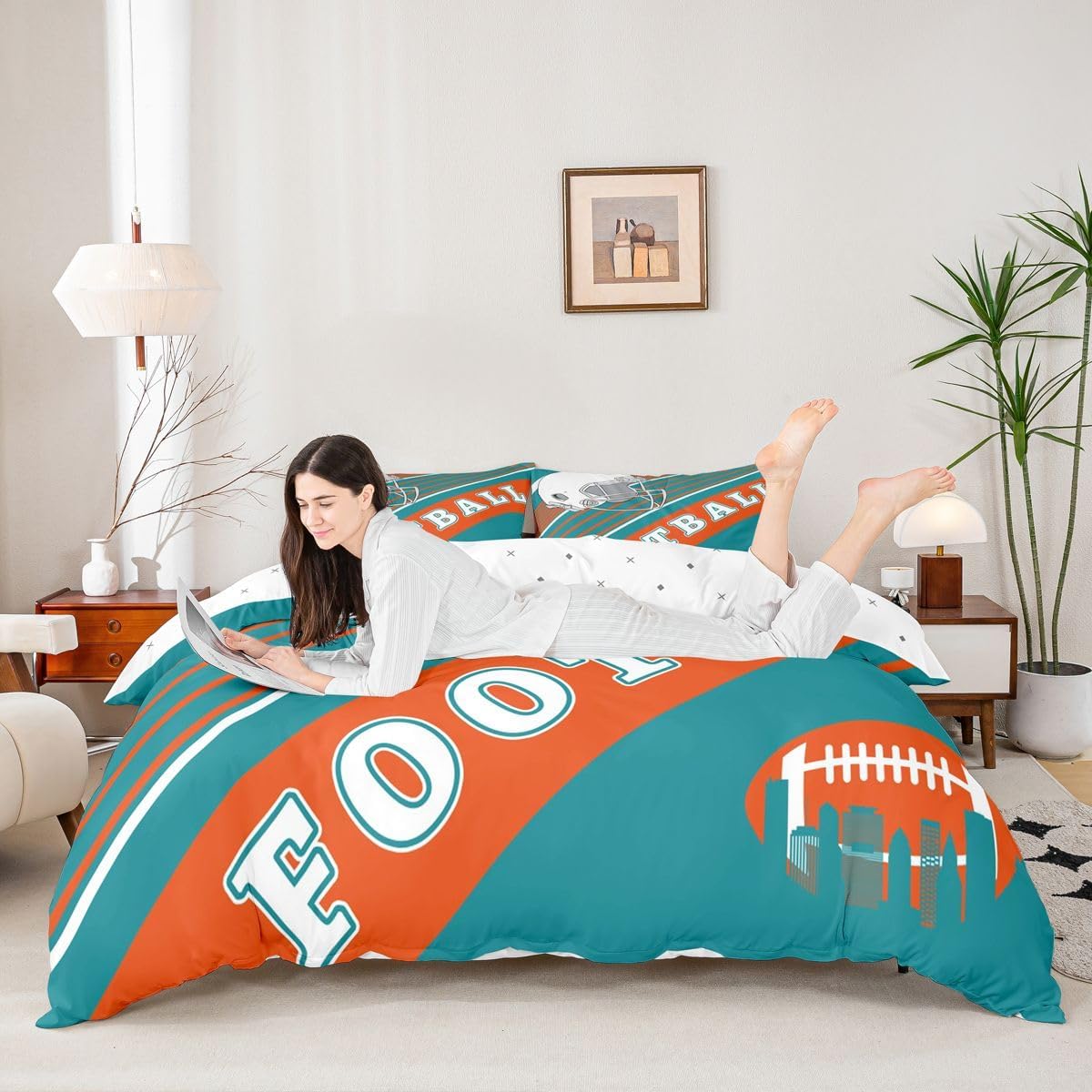 Erosebridal Sports Themed Comforter Cover, Kids Football Style Bedding Set 3D Rugby Helmet Design Twin Duvet Cover, Sage Green Orange