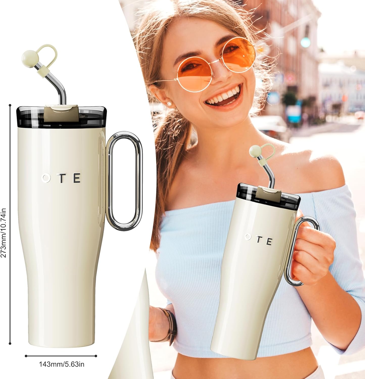 OTE 40 oz Tumbler with Handle and Straw Lid, Reusable Water Bottle, Double Wall Vacuum Stainless Steel Insulated Tumbler for Hot/Cold Beverages(Beige) - Image 2