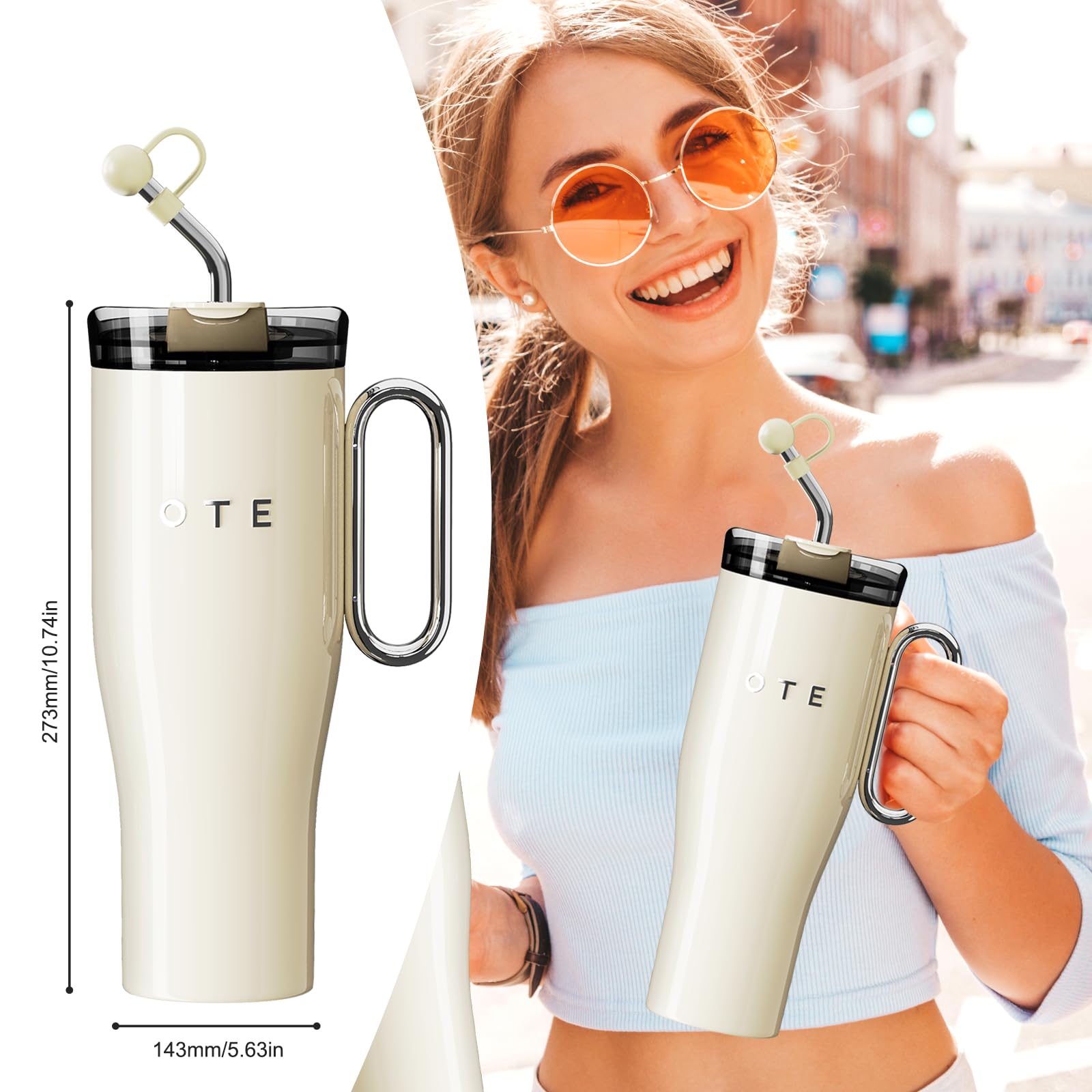 OTE 40oz Thermobecher mit Strohhalm und Henkel, Kaffeebecher to go, Doppelwandiger Edelstahl Vakuum Isolierbecher mit Deckel, Reisebecher Autobecher Becher für Heißer und Kalter Getränke, Beige