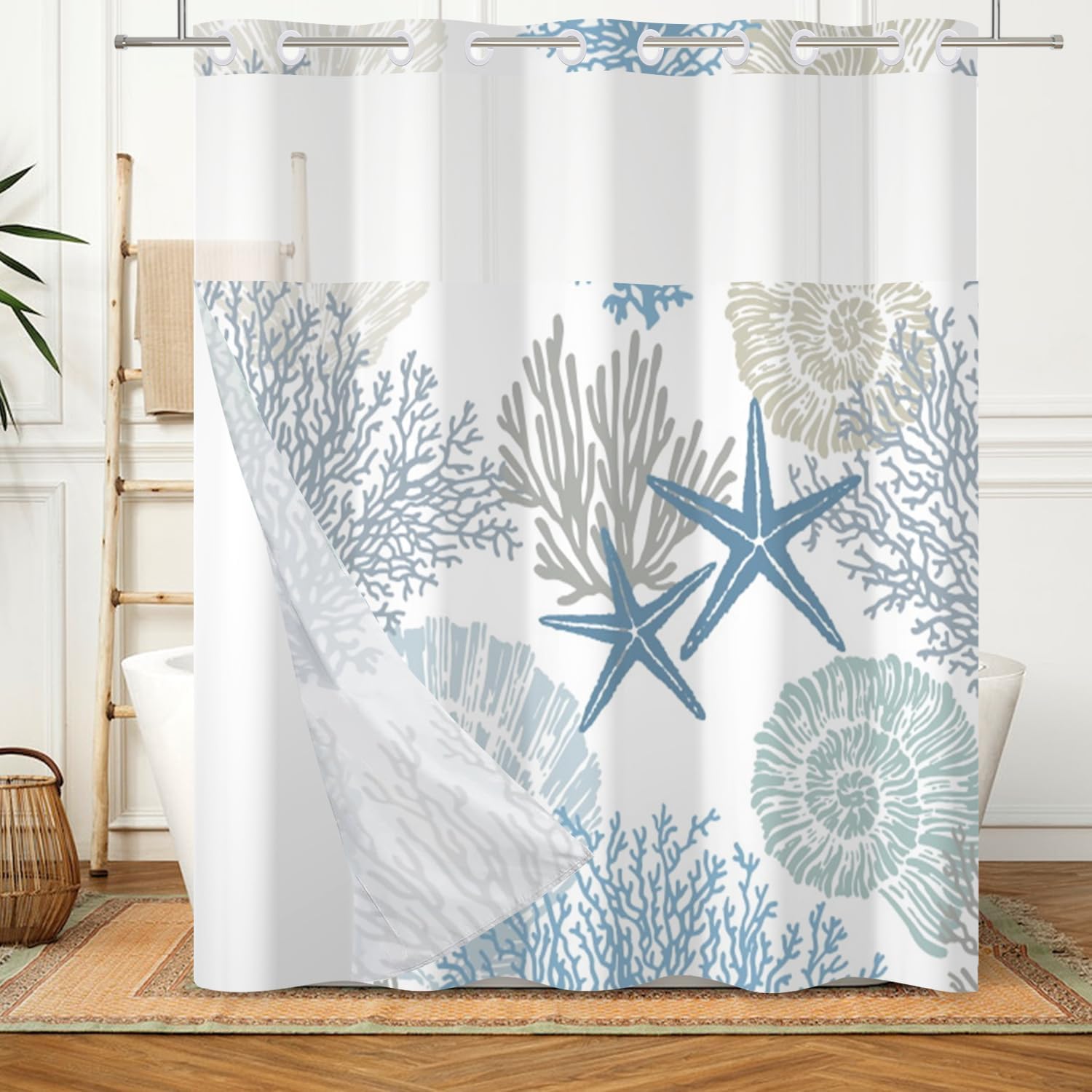 No Hook Nautical Coastal Shower Curtain with Snap in Liner Set Beach Blue Ocean Seashell Starfish Shower Curtain with Liner for Bathroom Double Layers Fabric Washable 71x74 Inch