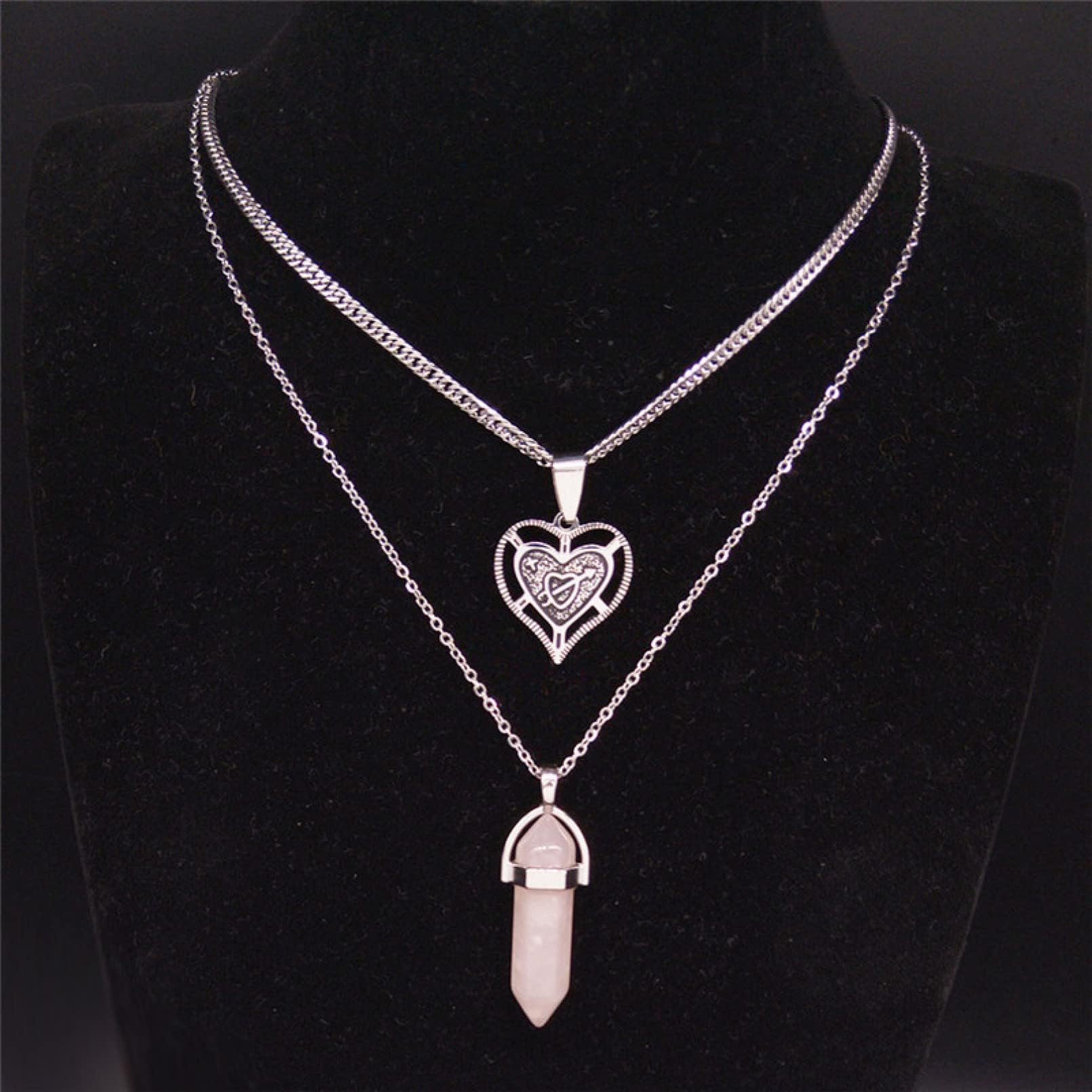Necklace Pendant Heart Natural Crystal Layered Necklaces Hexagonal Bullet Reiki Point Necklace Jewelry chain Jewelry birthday gifts for women men