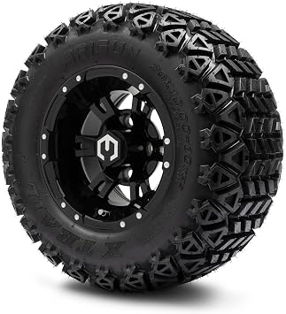 MODZ Ambush Glossy Black 10" Golf Cart Wheels and Arisun X-Trail 20x10-10 All-Terrain Golf Cart Tires Combo - Set of 4