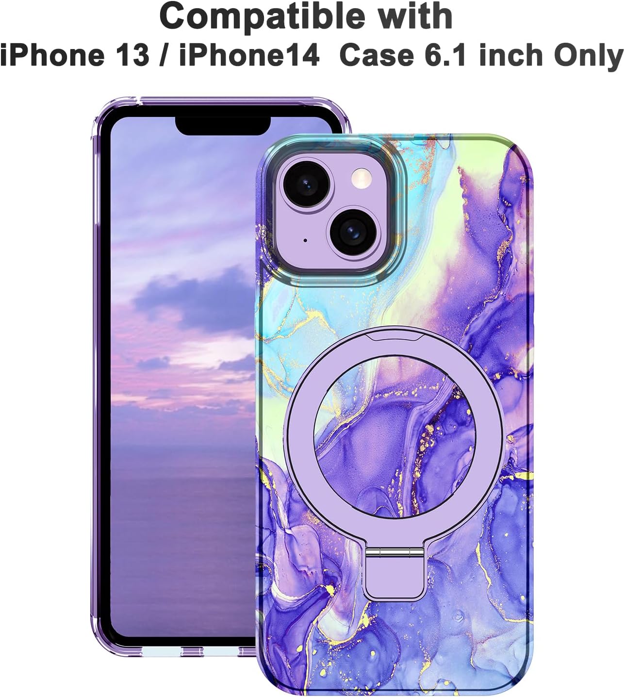 Lamcase for iPhone 13 Case,iPhone 14 Case with Magnetic Invisible Ring Stand [Compatible with MagSafe], Full Body Rugged Slim Women Men Girl Shockproof Marble Pattern Design Case, Violet - Image 2