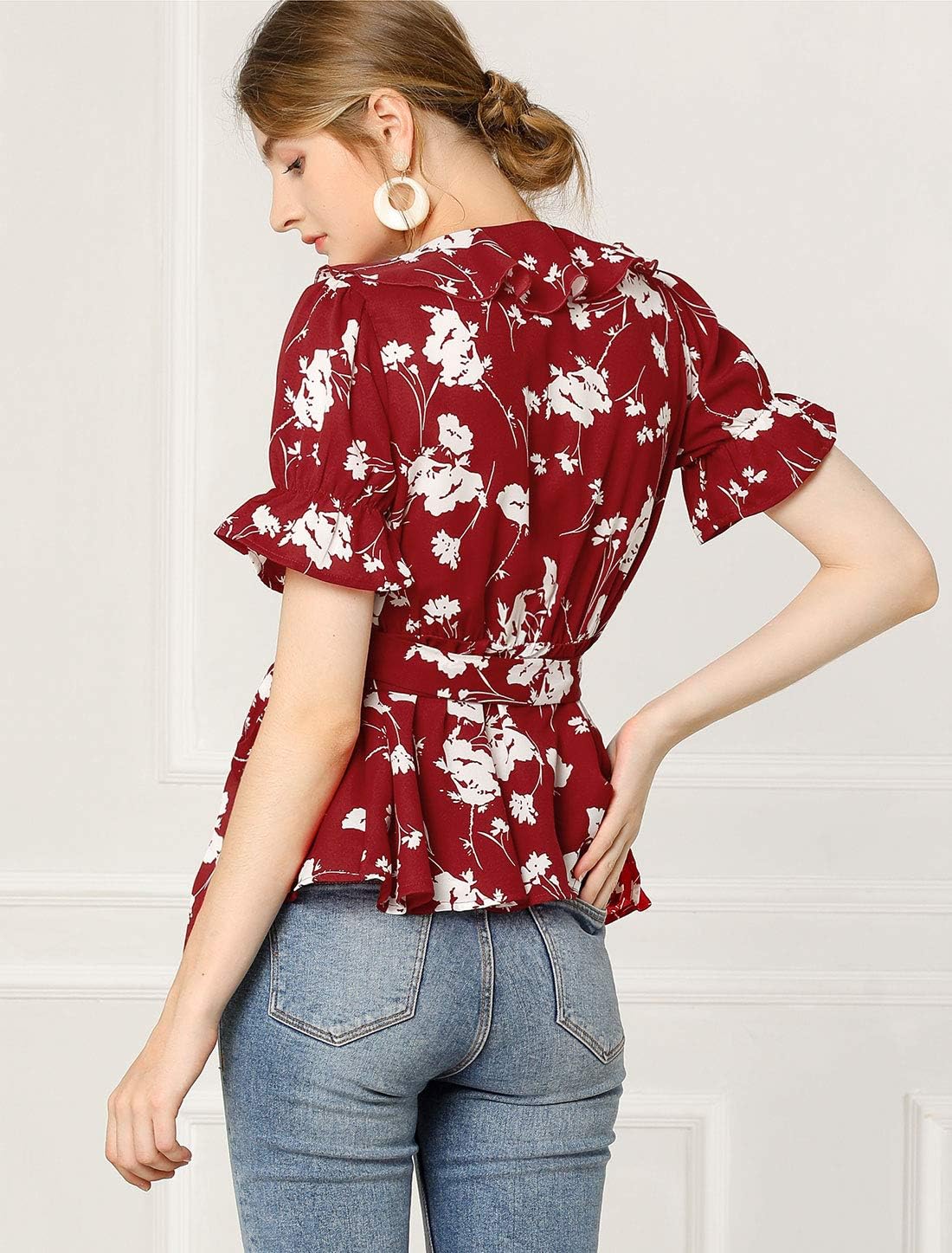 Allegra K Women's Wrap Peplum Top Blouse 2025 Summer Floral Short Sleeve Ruffle V Neck Belted Shirts - Image 5