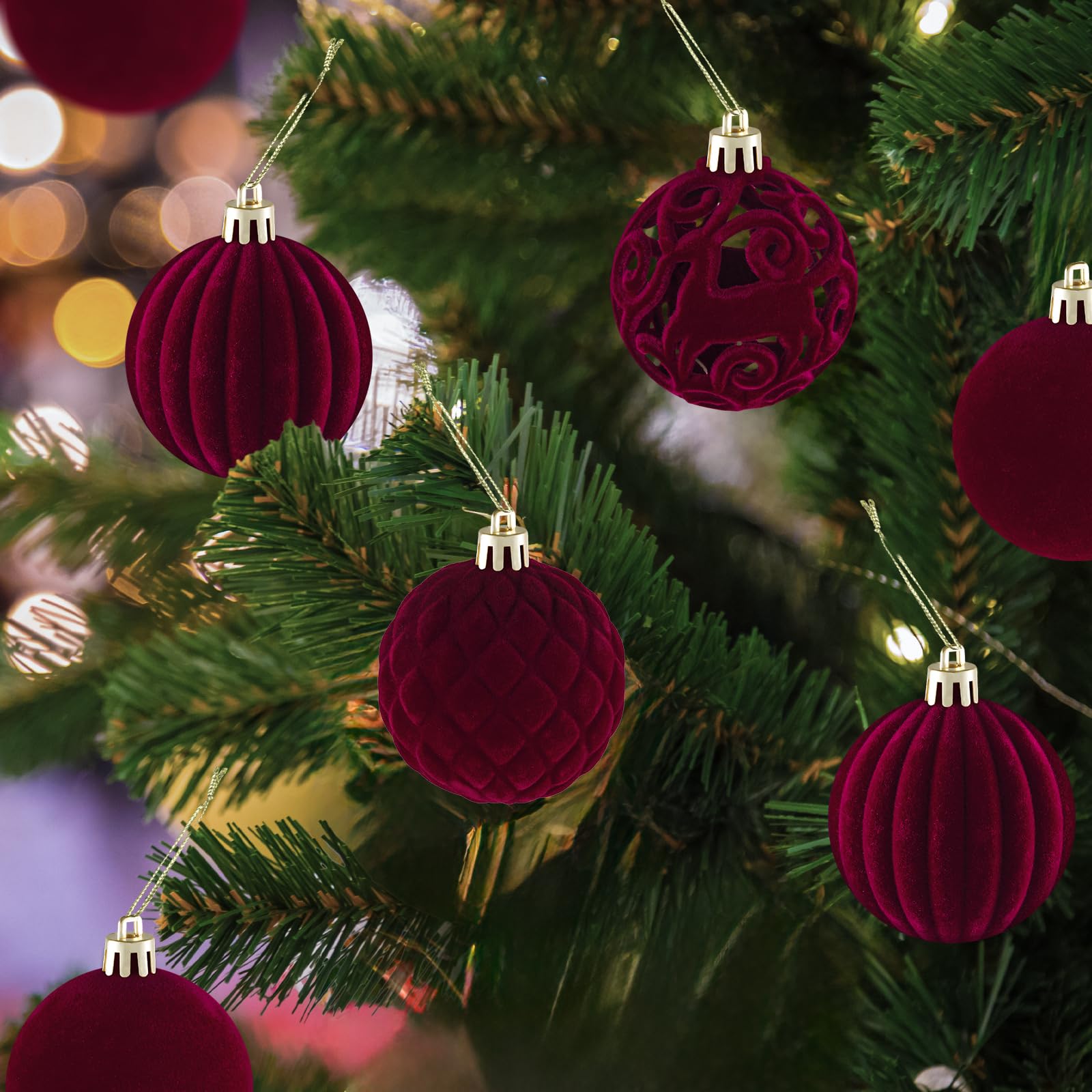 40 Pièces Boule de Noel Bordeaux Velour Boules de Noël Floquées Incassables pour Décoration Sapin de Noel,Christmas Ornaments