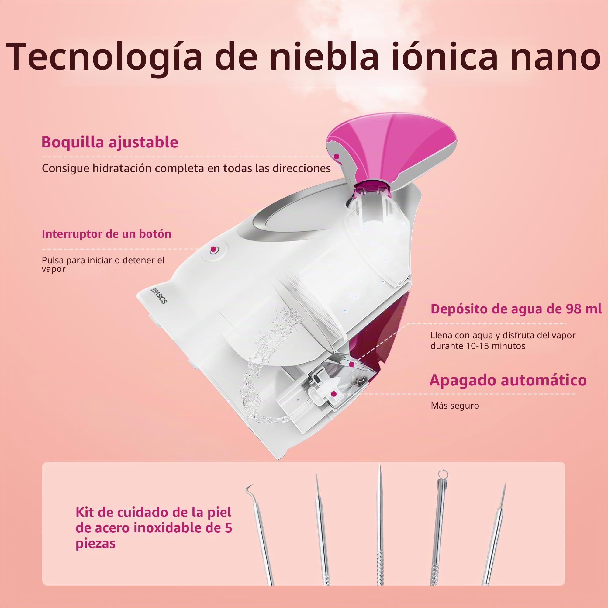Vaporizador Facial Spray SPA Facial de Nano Iónico Hogareño, Destapar Poros, Humidificador Atomizador de Niebla Caliente, Hidratación de Rostro,1 Pack + 5 Stainless Steel Skin Kit Rosa