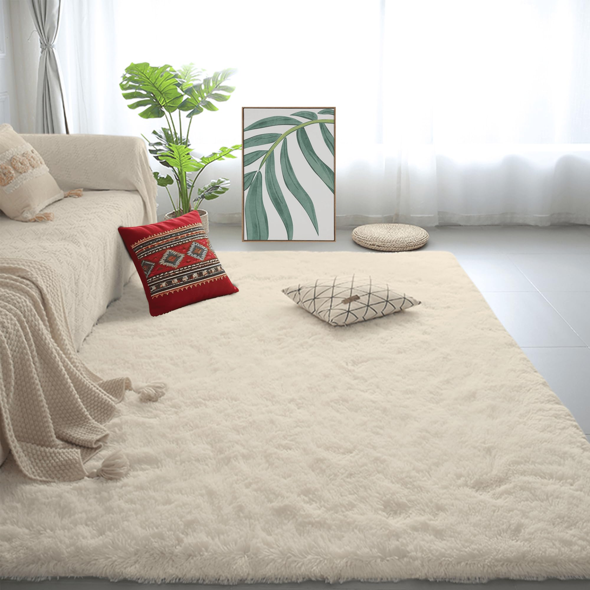 Tapis 110x330 cm crème lavable et moelleux pour salon et couloir
