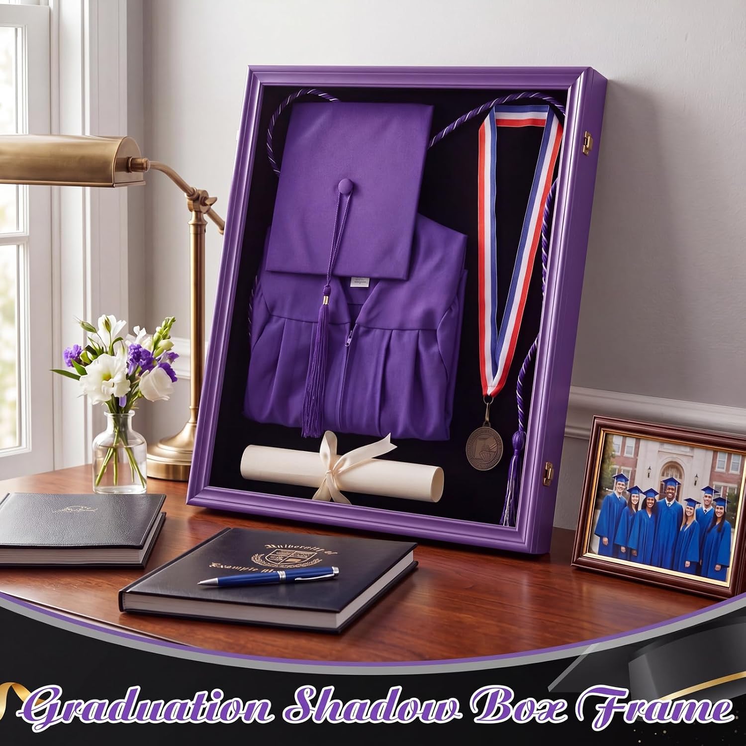 Croblissful 17"x23" Wood Graduation Shadow Box Cap Gown Display, Purple