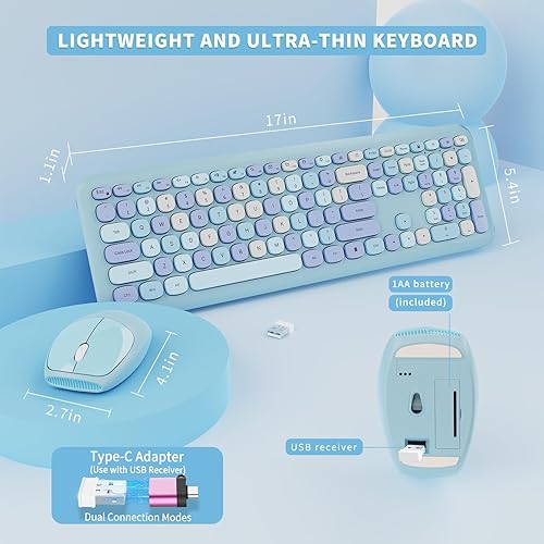 Vista 144 de Combo de teclado y mouse inalámbricos, colorido teclado ergonómico de tamaño completo con diseño retro, silencioso, con teclas bonitas, compatible