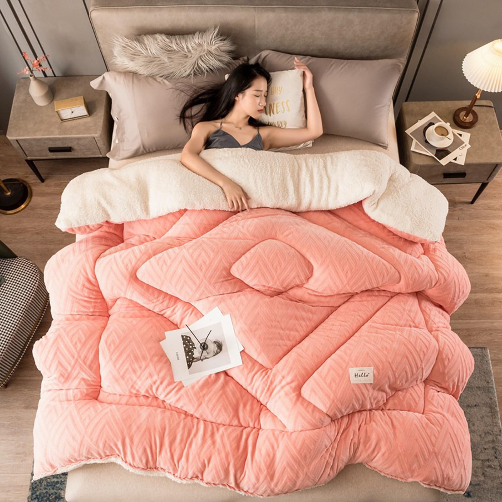 UYSELA Manta Cálido De Terciopelo De Franela y Borreguito, Microfibra Edredón De Plumón De Suave y Cómoda Manta para Cama Doble En Invierno,Rosa weiß,200x230cm/4.5kg