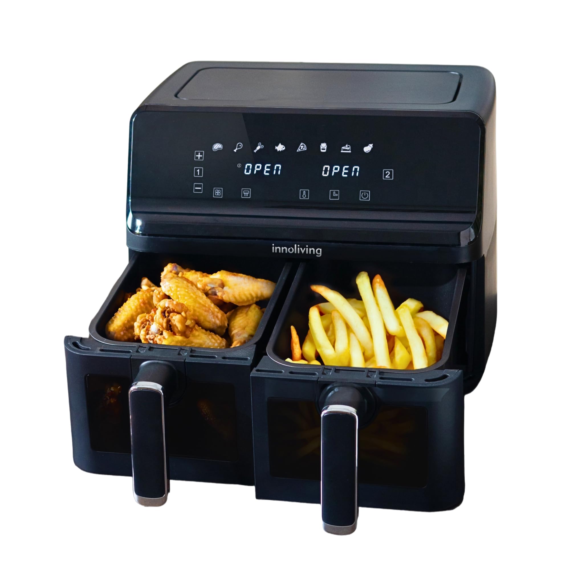 Innoliving Friggitrice ad Aria INN-798 Doppio Cestello 2700W, da 8 Litri, 2 Griglie, TouchScreen Intelligente, Cottura Sincronizzata o Separata, Finestre di Controllo Trasparenti, Piedini Antiscivolo