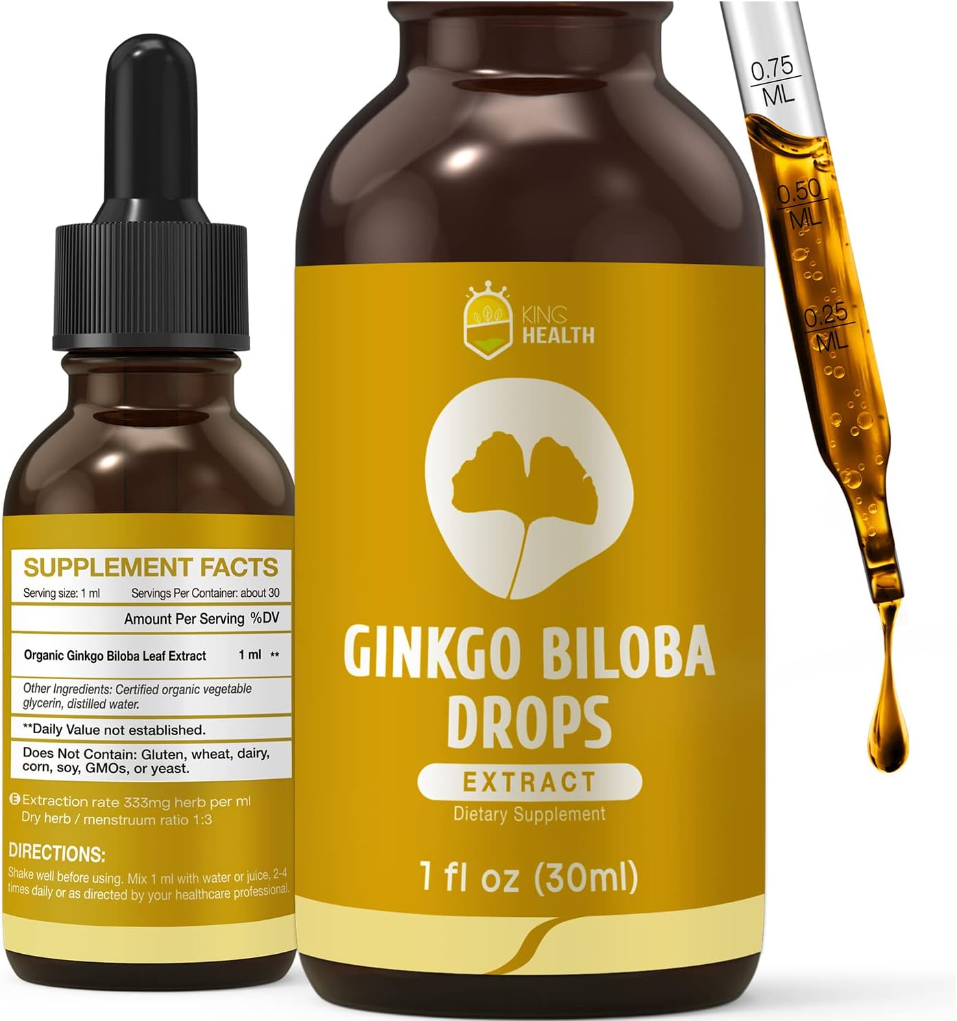 Organic Ginkgo Biloba Extract Liquid Supplements, Brain & Focus Support, 98% Absorption, Vegan, Non-GMO, Alcohol & Gluten Free - 1 Fl Oz