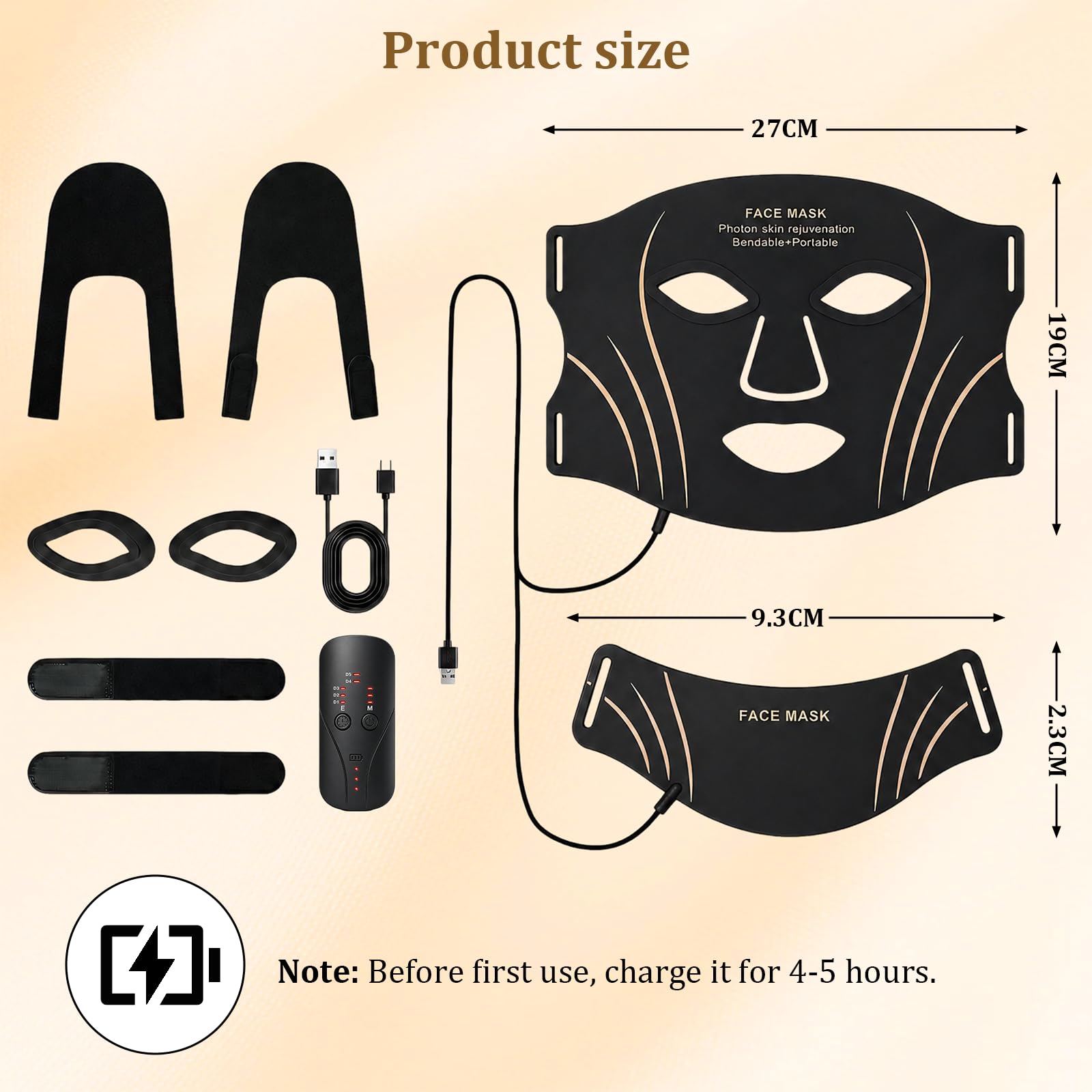 Masque de thérapie par lumière rouge pour soins de la peau du visage et du cou, masque facial infrarouge 7 couleurs avec 309 puces LED, 5 luminosités, contrôleur rechargeable pour anti-âge