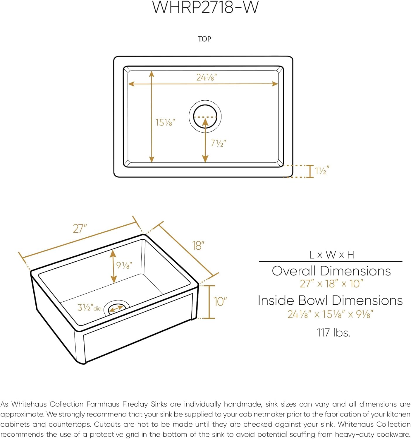 Whitehaus Collection 27" Reversible Single Bowl Fireclay Kitchen Sink with Grid: Three Edge Frame, Plain Front Apron