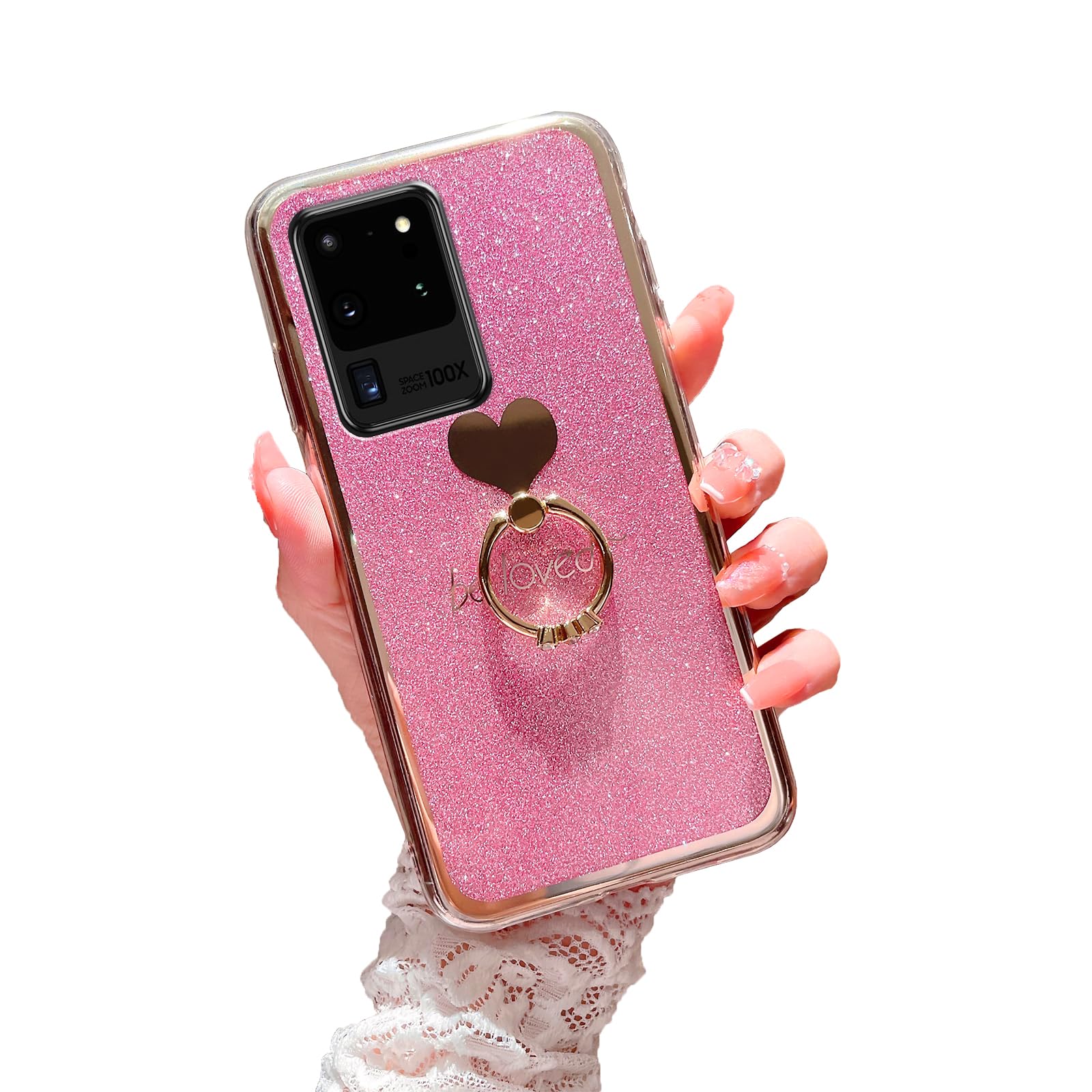 Easyscen for Samsung Galaxy S20 Ultra Phone Case (6.9-inch) Girls Women Cute Luxury Glitter Shiny Shell with Sparkly Heart Ring Stand Slim Soft Shockproof Protective Cover for Galaxy S20 Ultra - Pink
