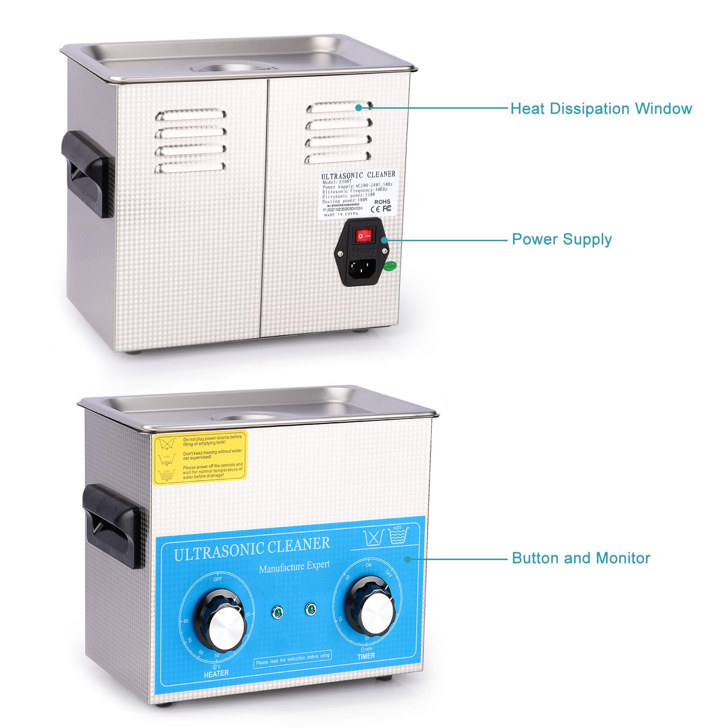 stonylab Limpiador Ultrasónico, Acero Inoxidable 304 limpiadores Ultrasonidos Profesional Multiusos con Panel de Control Mecánico de Calefacción y Temporizador para Laboratorio 40kHz 220V, 3.2L