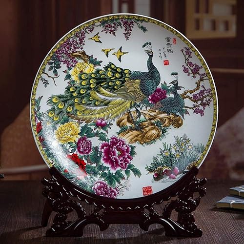 Decorative Plate With Dragon Shaped Stand, Chinese Vintage Colorful Peacock